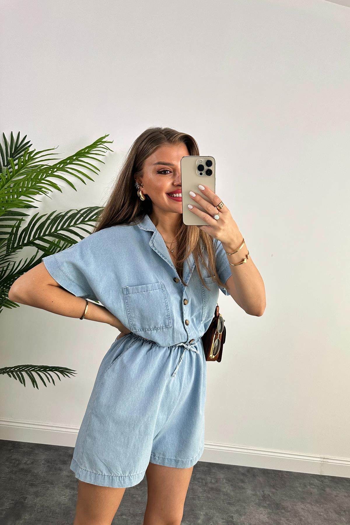 Premium Kalite %100 Pamuklu Jean Şort Tulum