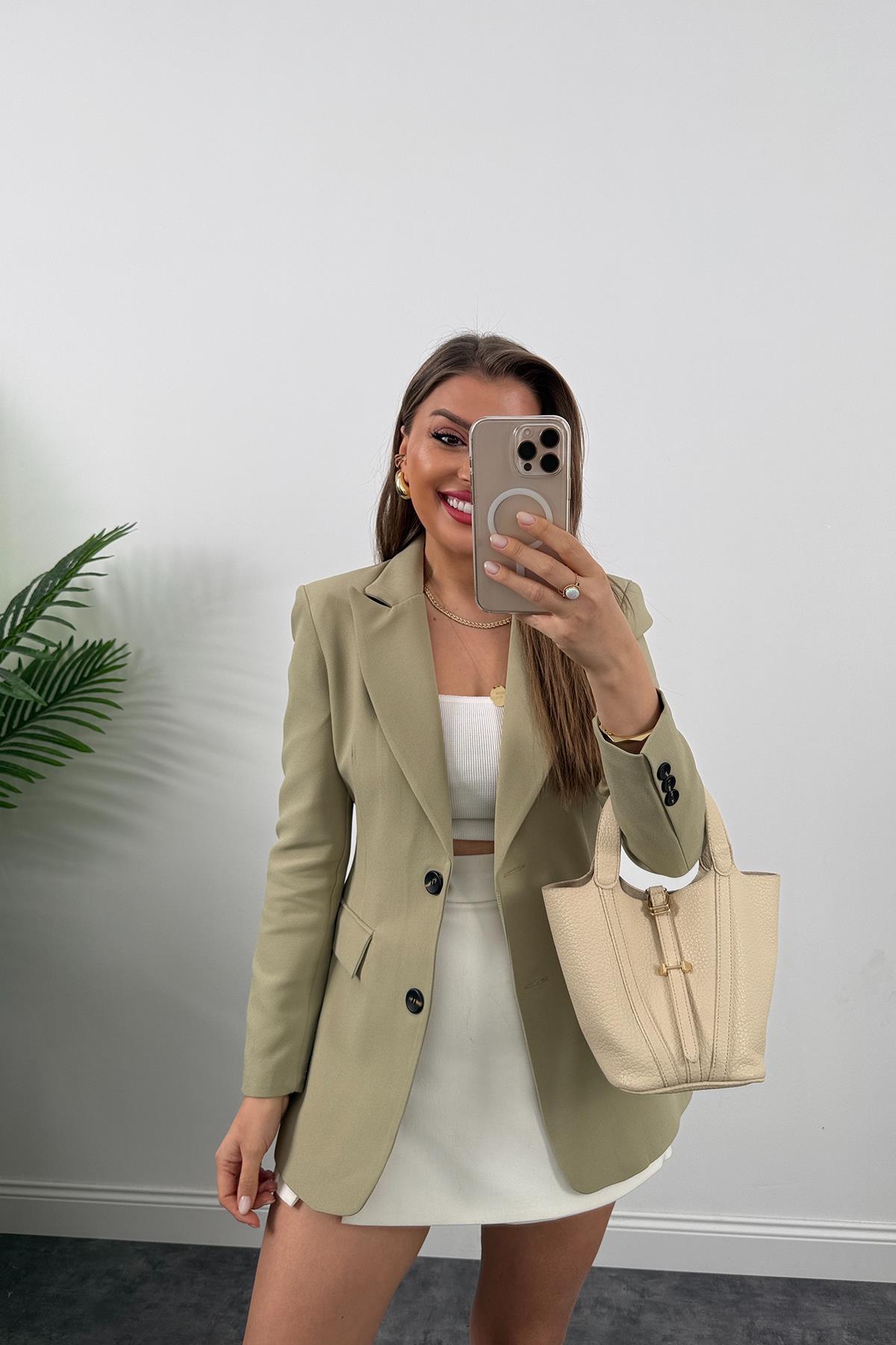 Premium Kalite Belden Oturtmalı Double Atlas Kumaş Ceket Açık Haki