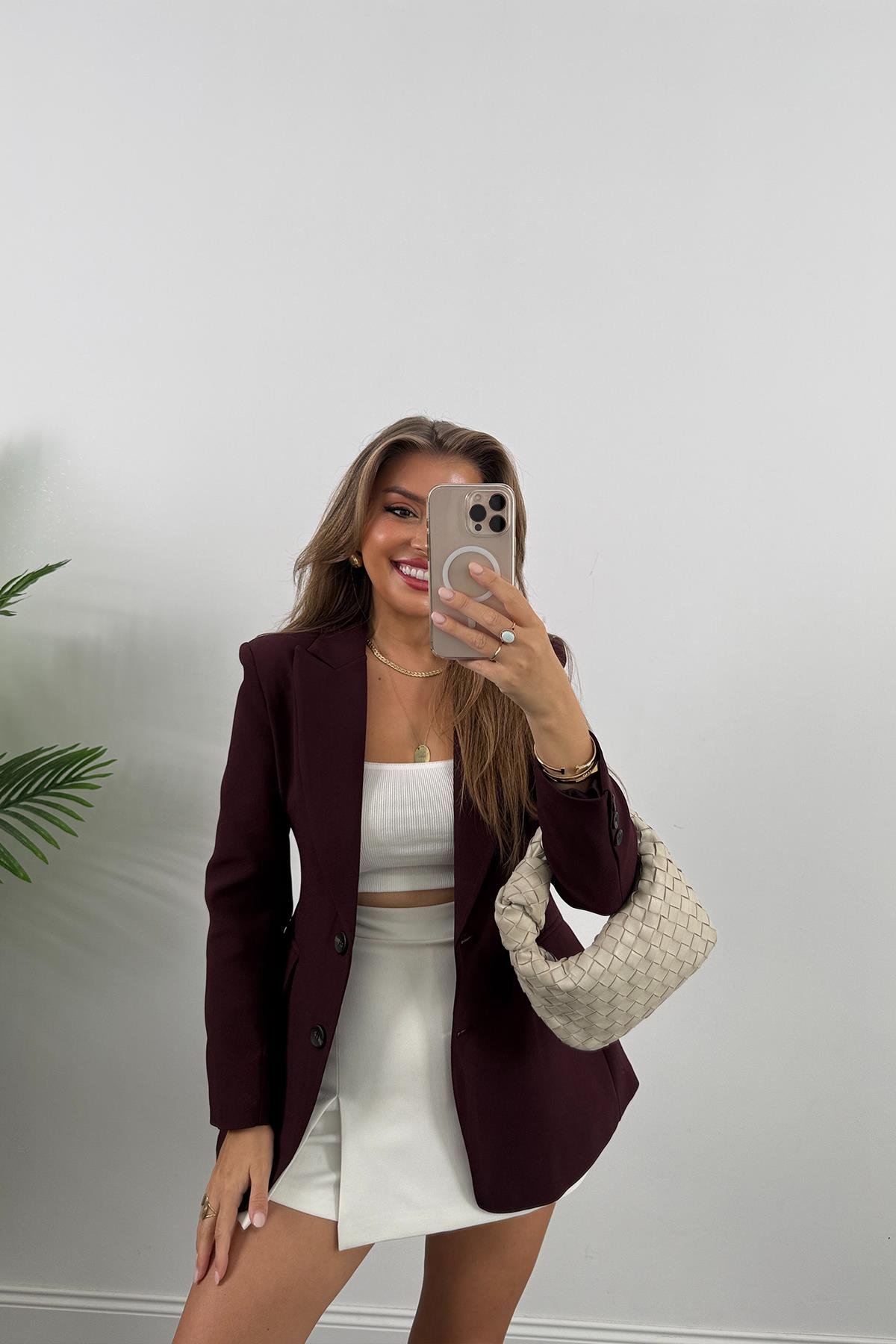 Premium Kalite Belden Oturtmalı Double Atlas Kumaş Ceket Mürdüm