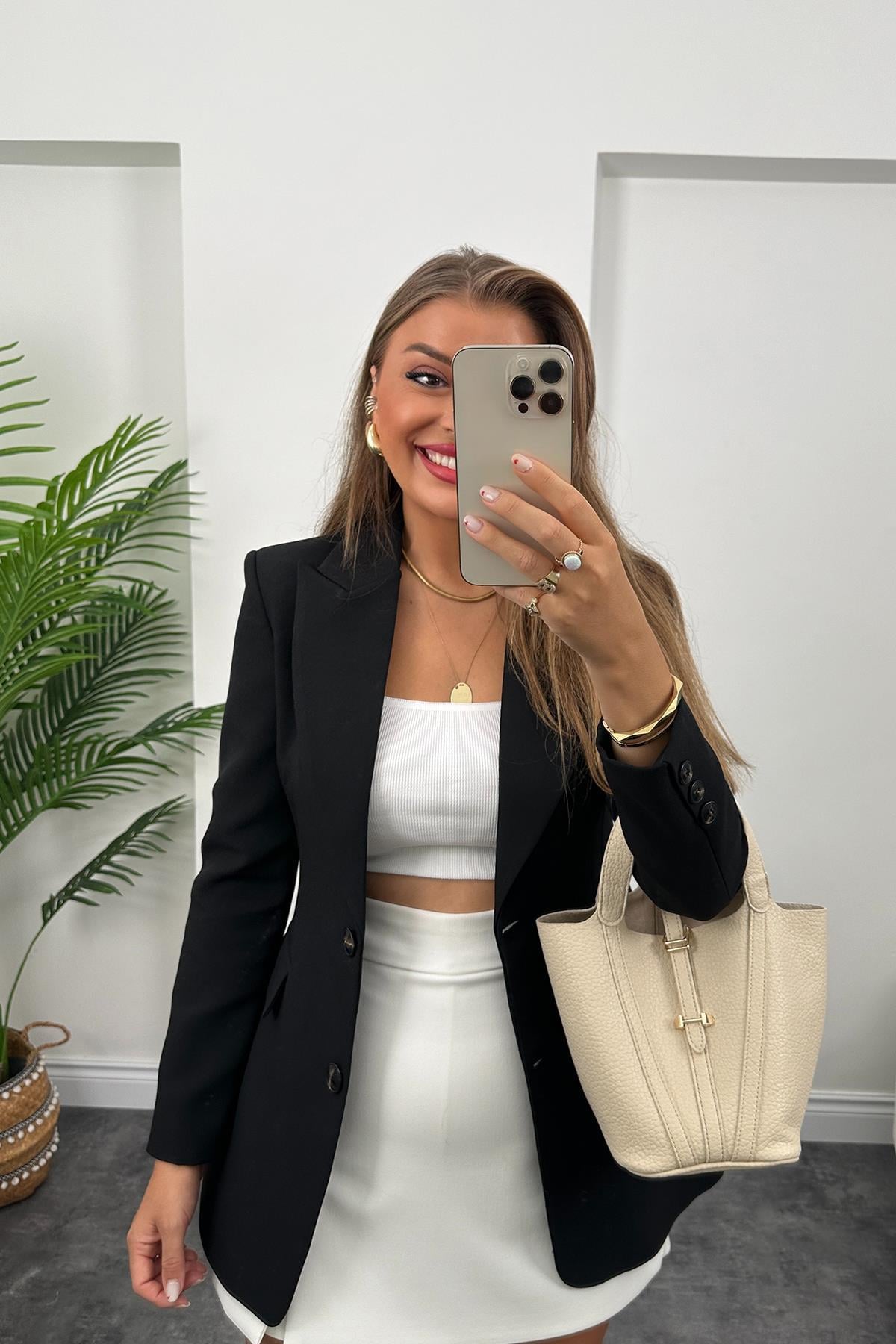 Premium Kalite Belden Oturtmalı Double Atlas Kumaş Ceket Siyah