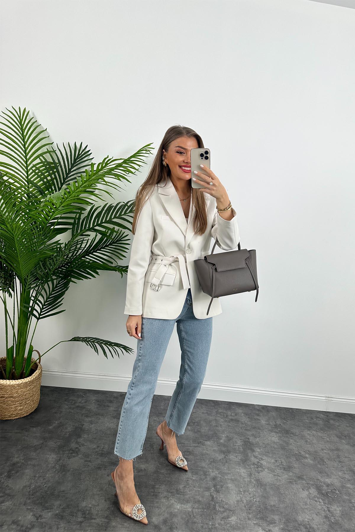 Premium Kalite Kemerli Astarlı Double Kalın Kumaş Blazer Ceket Beyaz