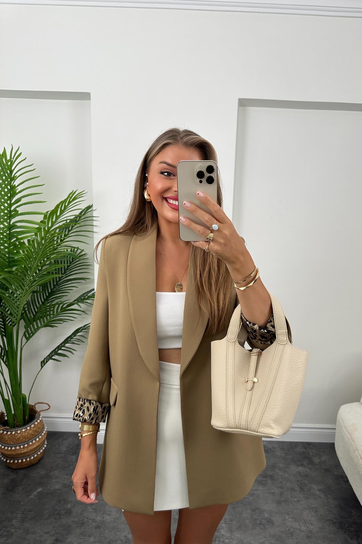 Premium Kalite Leopar Astarlı Double Kumaş Blazer Ceket Olive