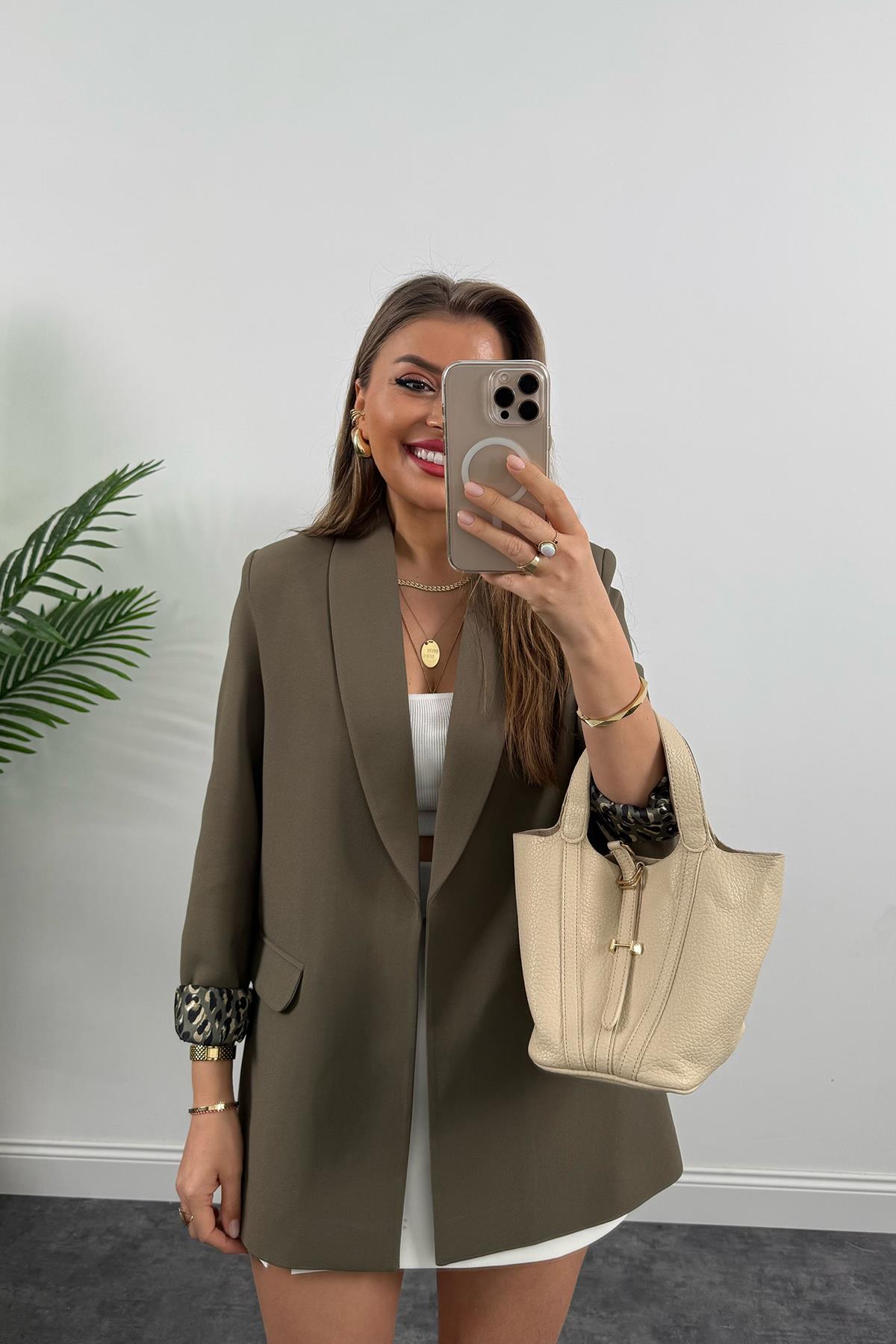 Premium Kalite Leopar Astarlı Double Kumaş Blazer Ceket Koyu Haki