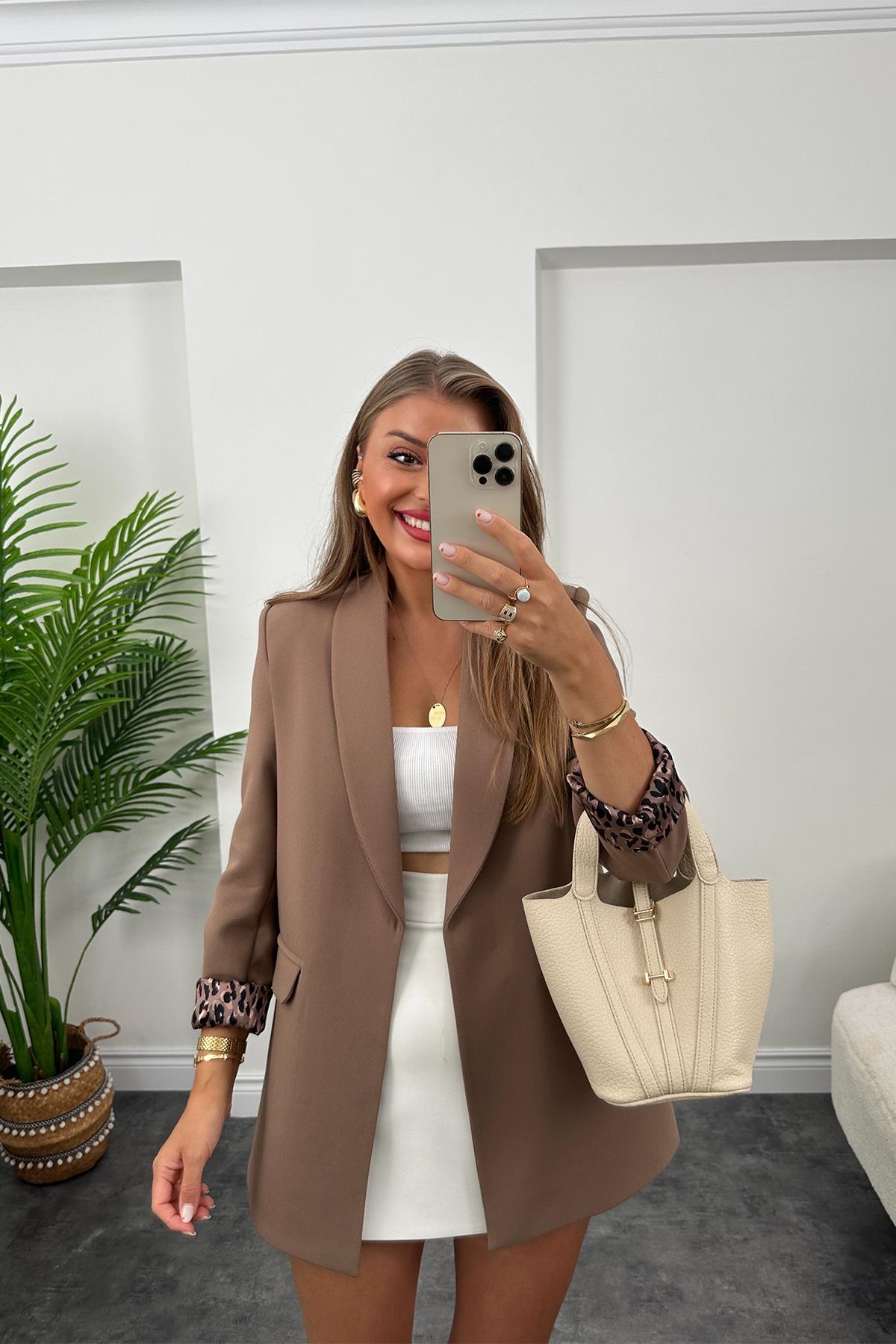 Premium Kalite Leopar Astarlı Double Kumaş Blazer Ceket Kahverengi 