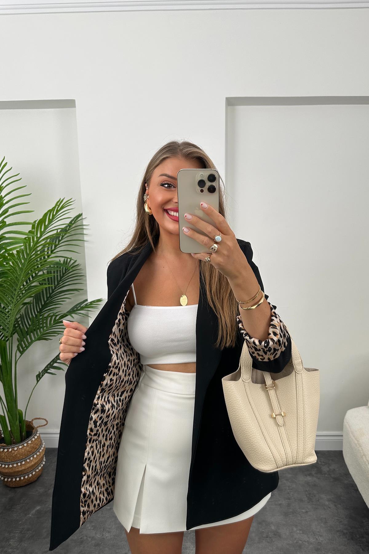 Premium Kalite Leopar Astarlı Double Kumaş Blazer Ceket Sıyah    