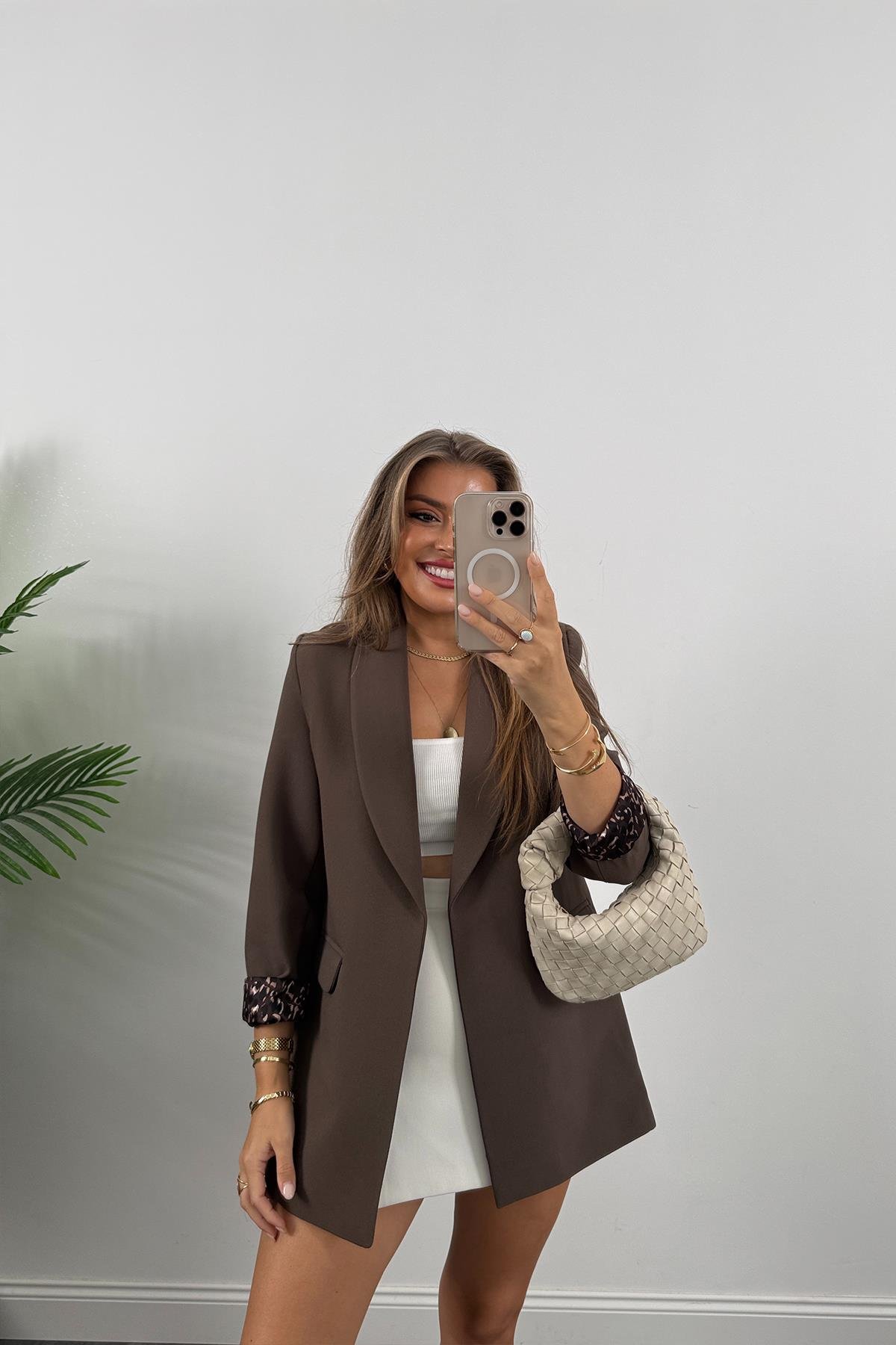 Premium Kalite Leopar Astarlı Double Kumaş Blazer Ceket Koyu Kahve