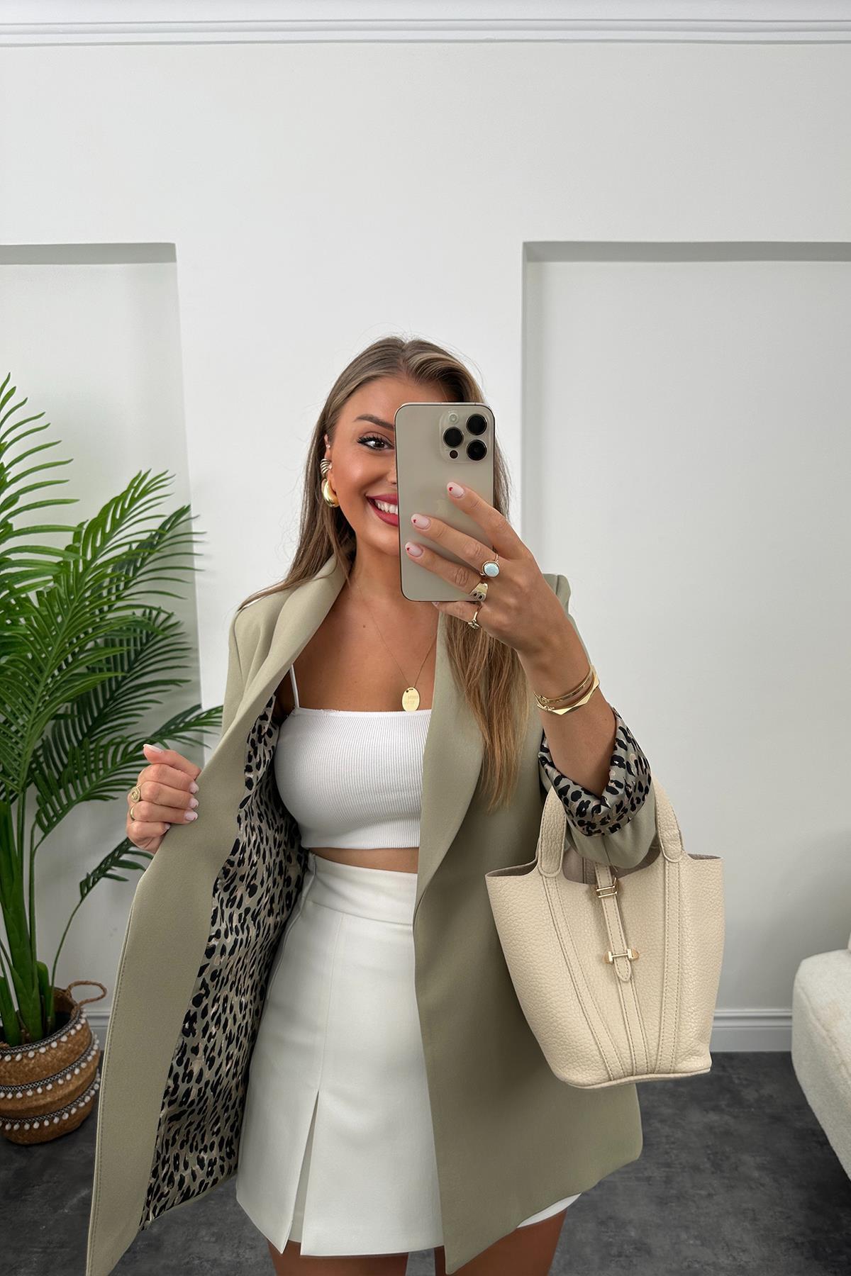 Premium Kalite Leopar Astarlı Double Kumaş Blazer Ceket Haki 