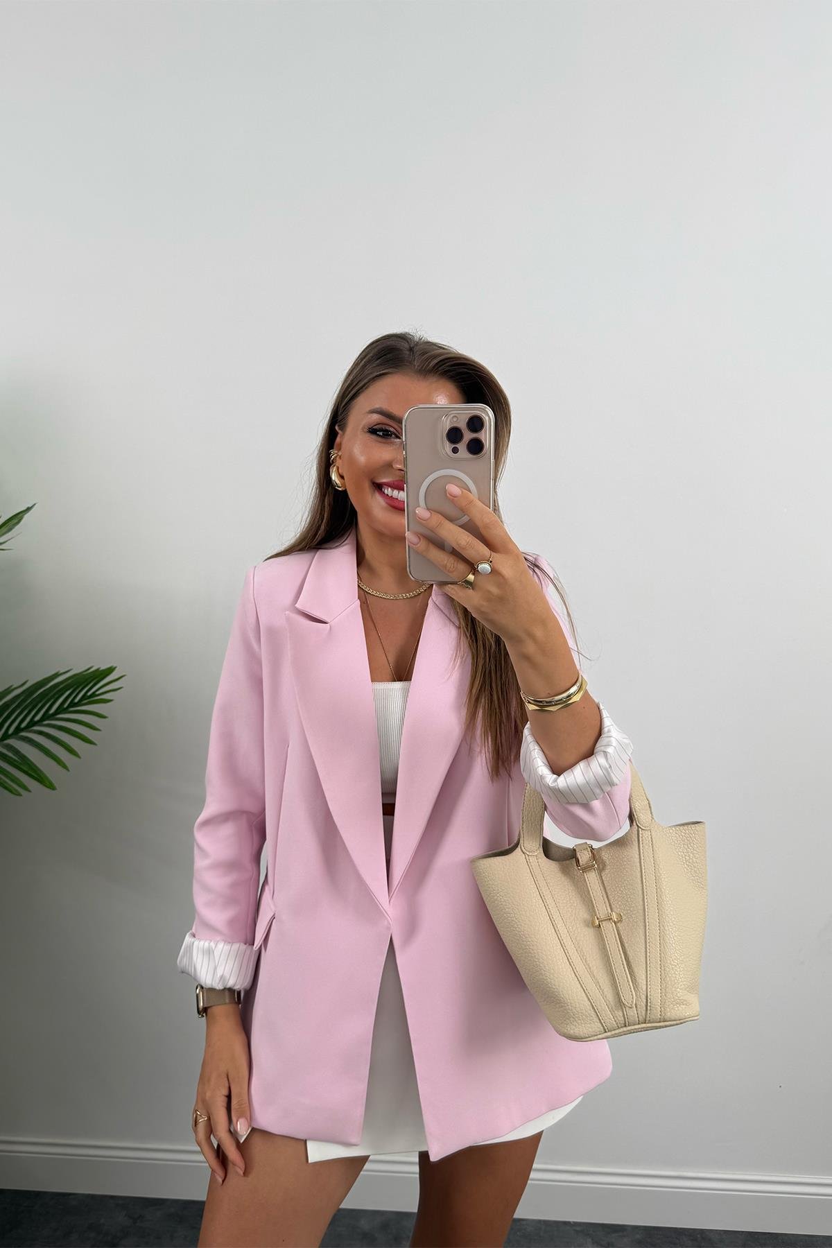 Premium Kalite Marin Astarlı Double Kumaş Blazer Ceket Şeker Pembe