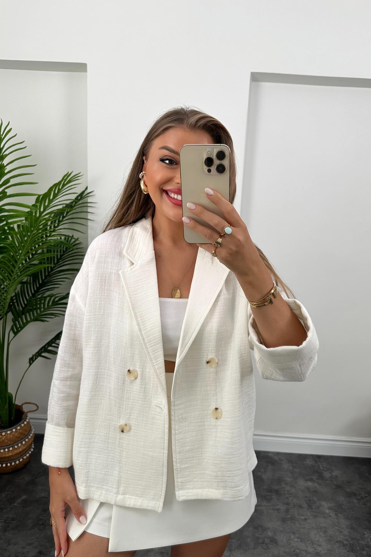 Premium Kalite Naturel Kumaş Blazer Ceket Beyaz