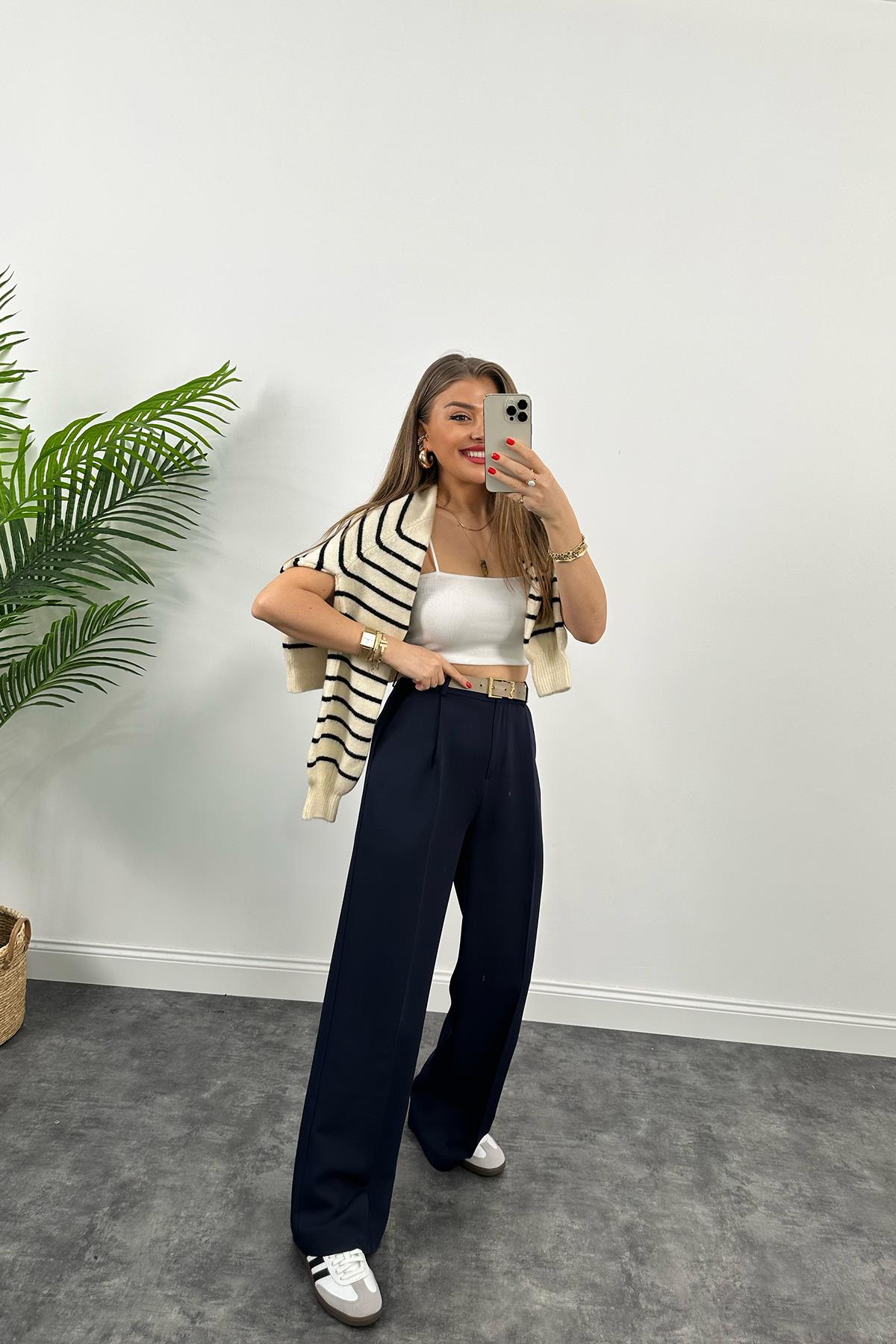 Premium Kalite Nisan Marka Double Kumaş Palazzo Pantolon Lacivert 