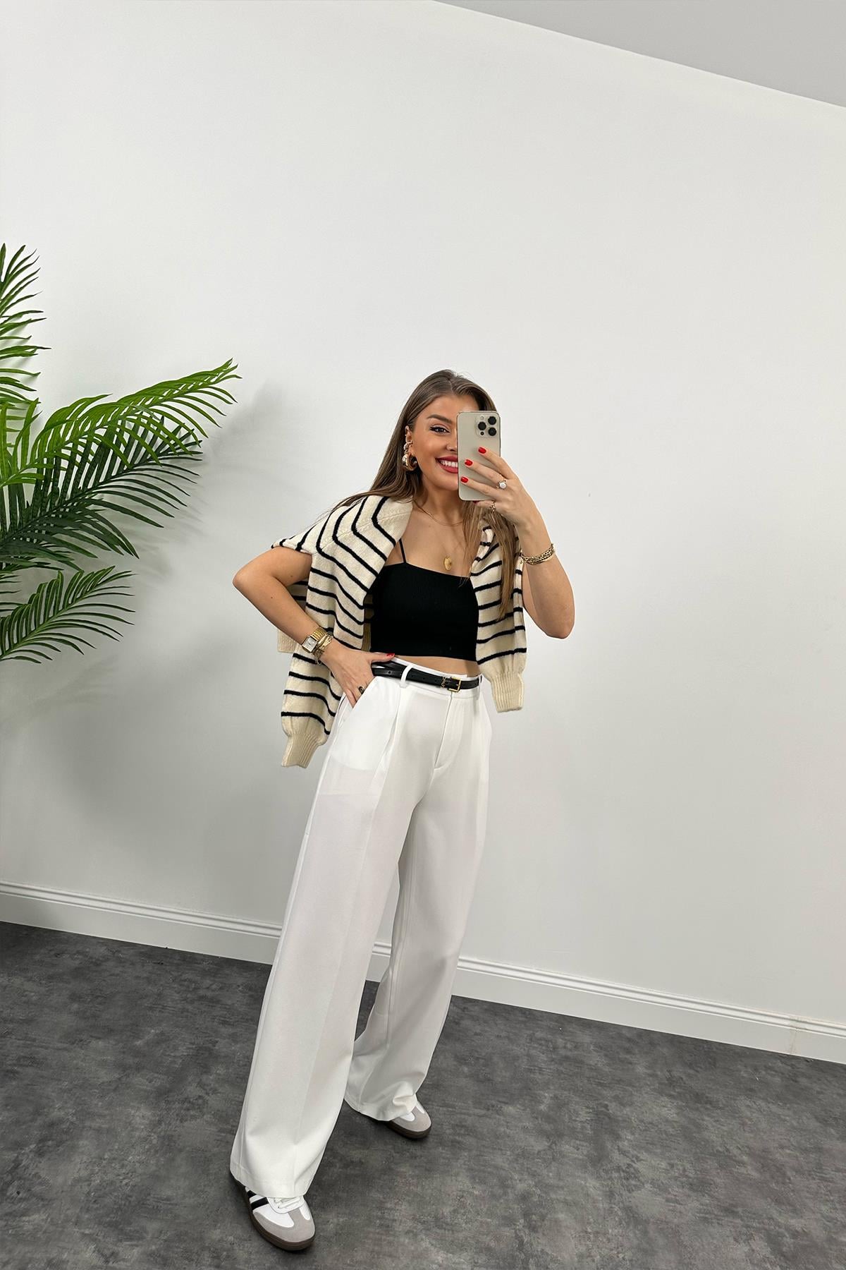 Premium Kalite Nisan Marka Double Kumaş Palazzo Pantolon Ekru