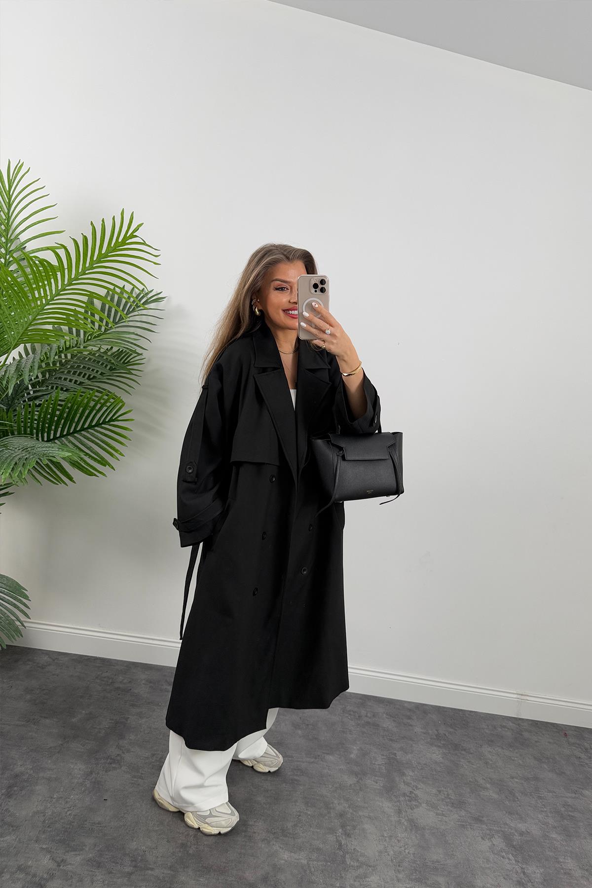 Premium Kalite Poliviskon Kumaş Astarlı Trençkot Siyah