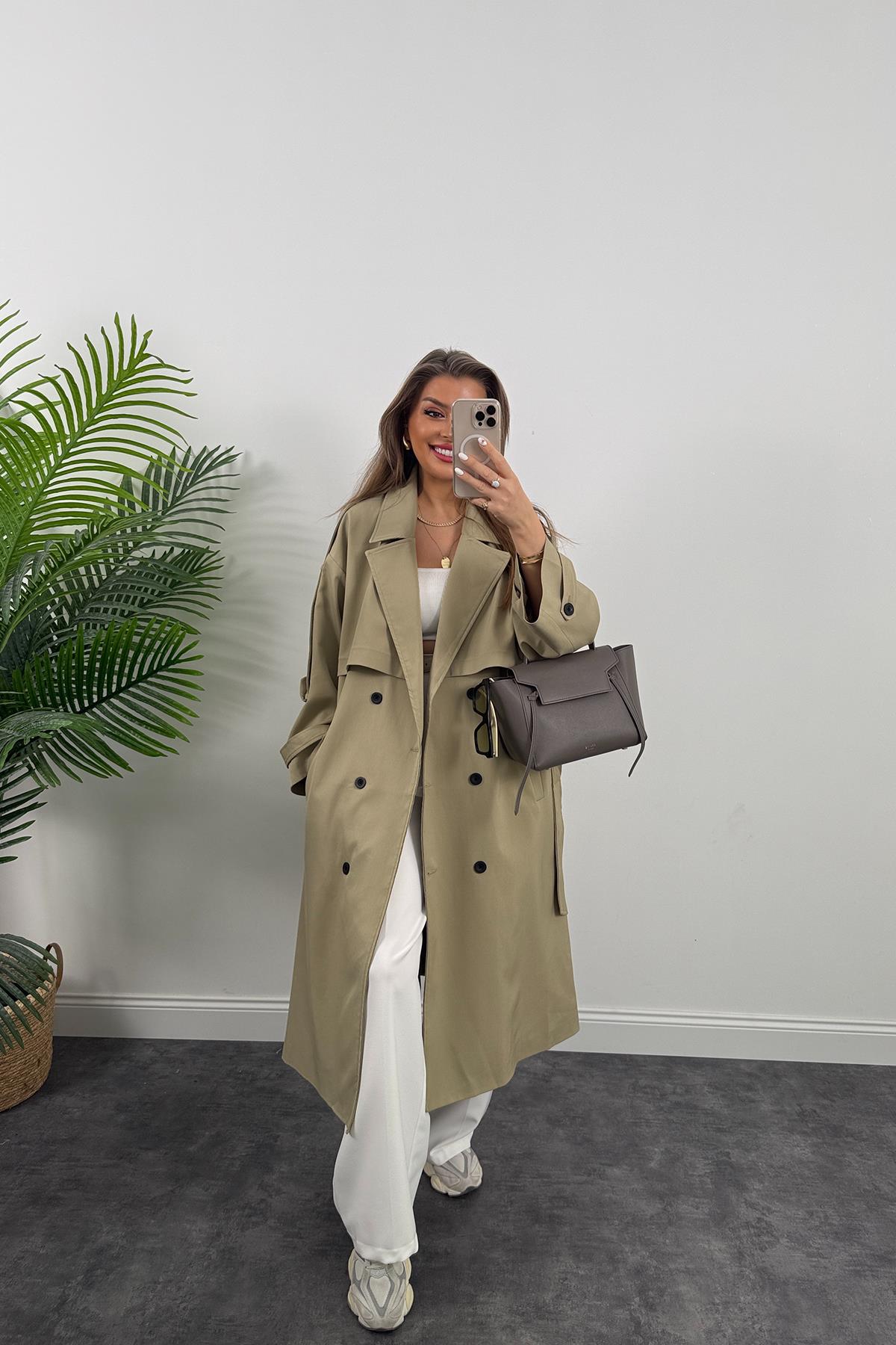 Premium Kalite Poliviskon Kumaş Astarlı Trençkot Yeşil