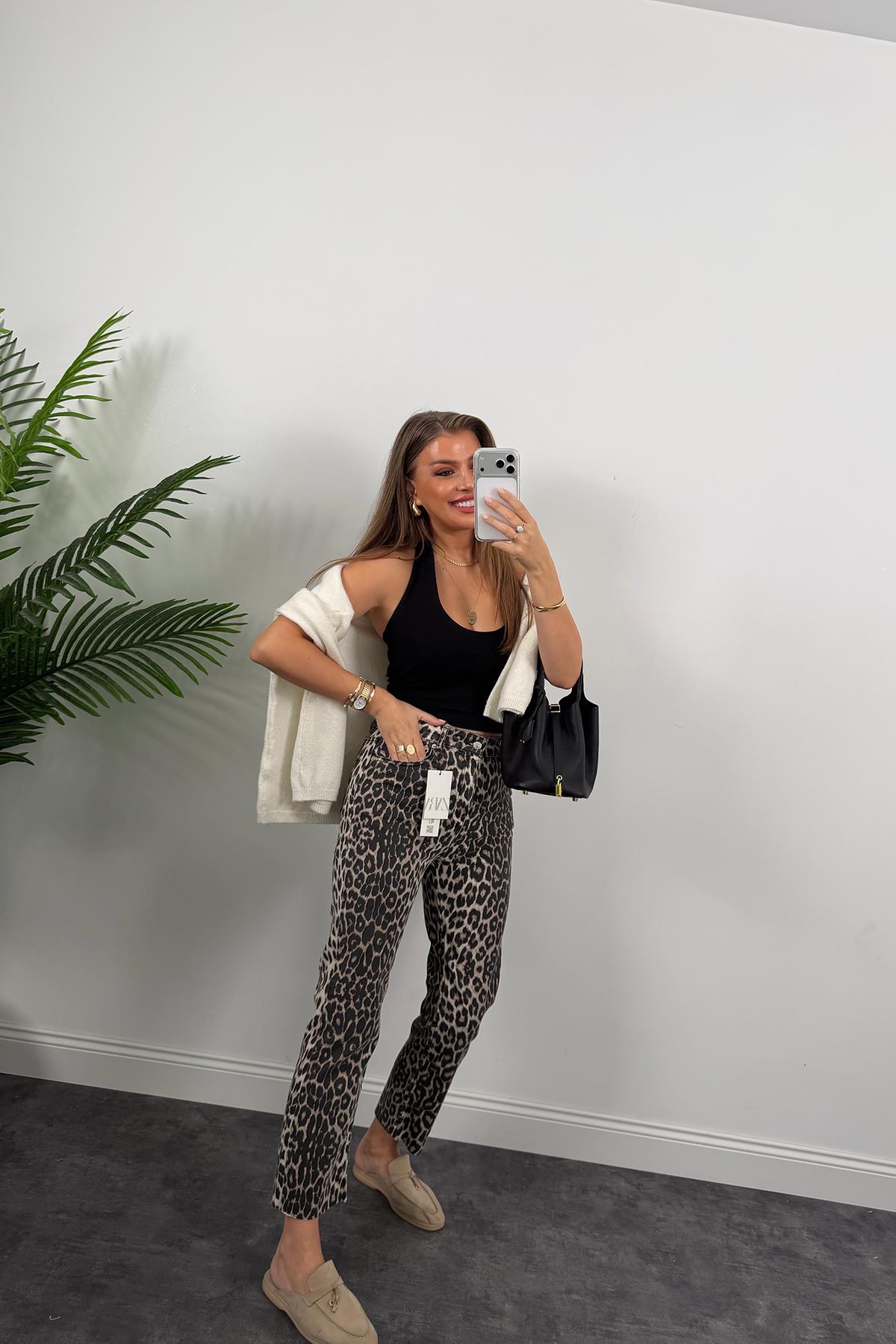 Premium Kalite Soluk Efekt Pamuklu  Leopar Bf Jean New