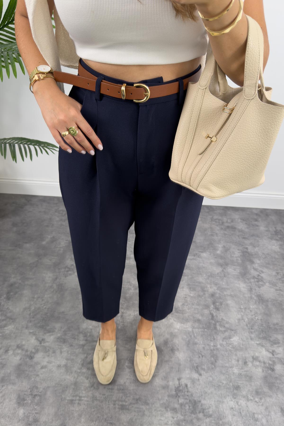 Premium Kalite Tok Kumaş Kemerli Havuç Pantolon Lacivert 