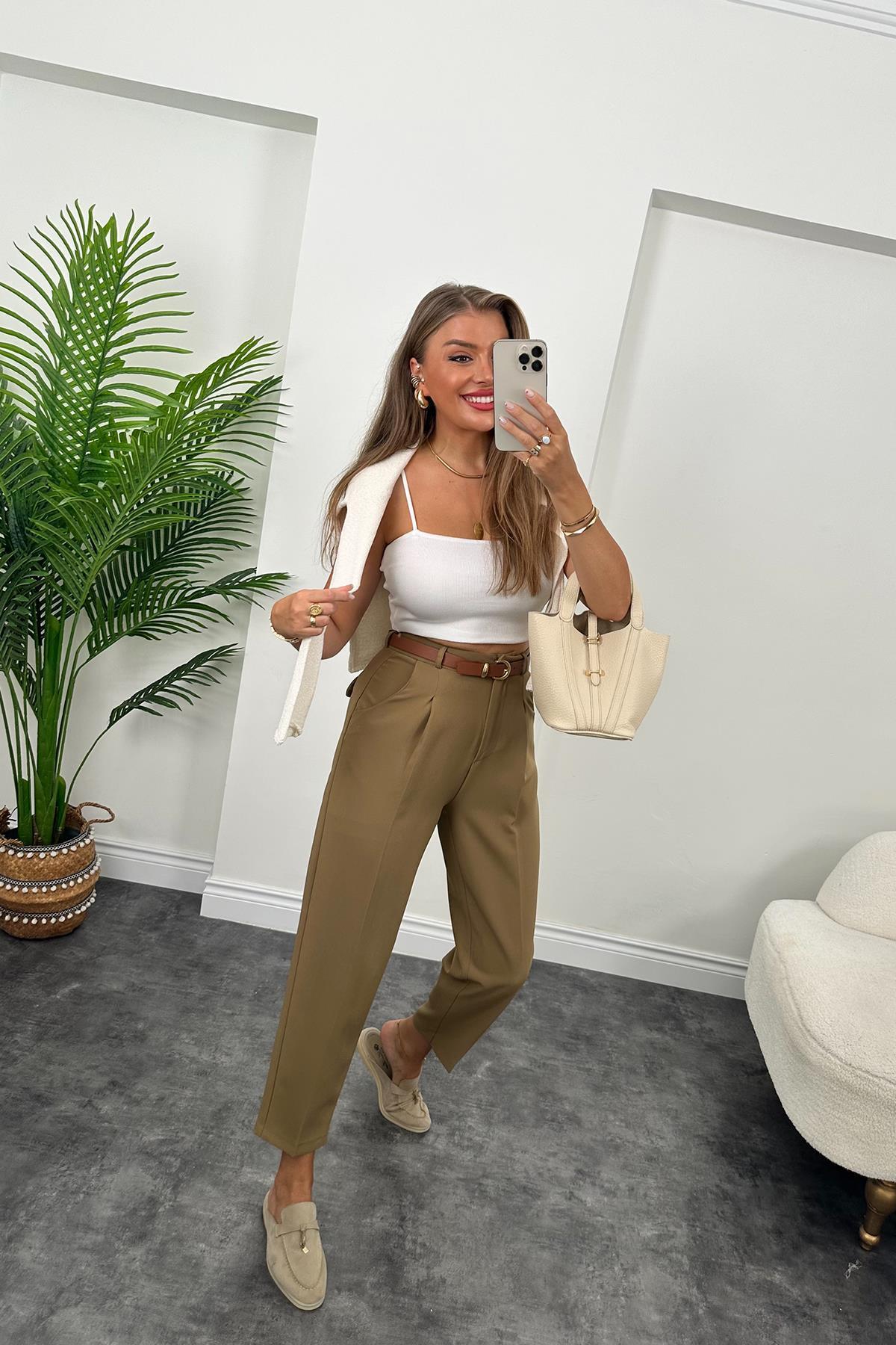 Premium Kalite Tok Kumaş Kemerli Havuç Pantolon Olive 