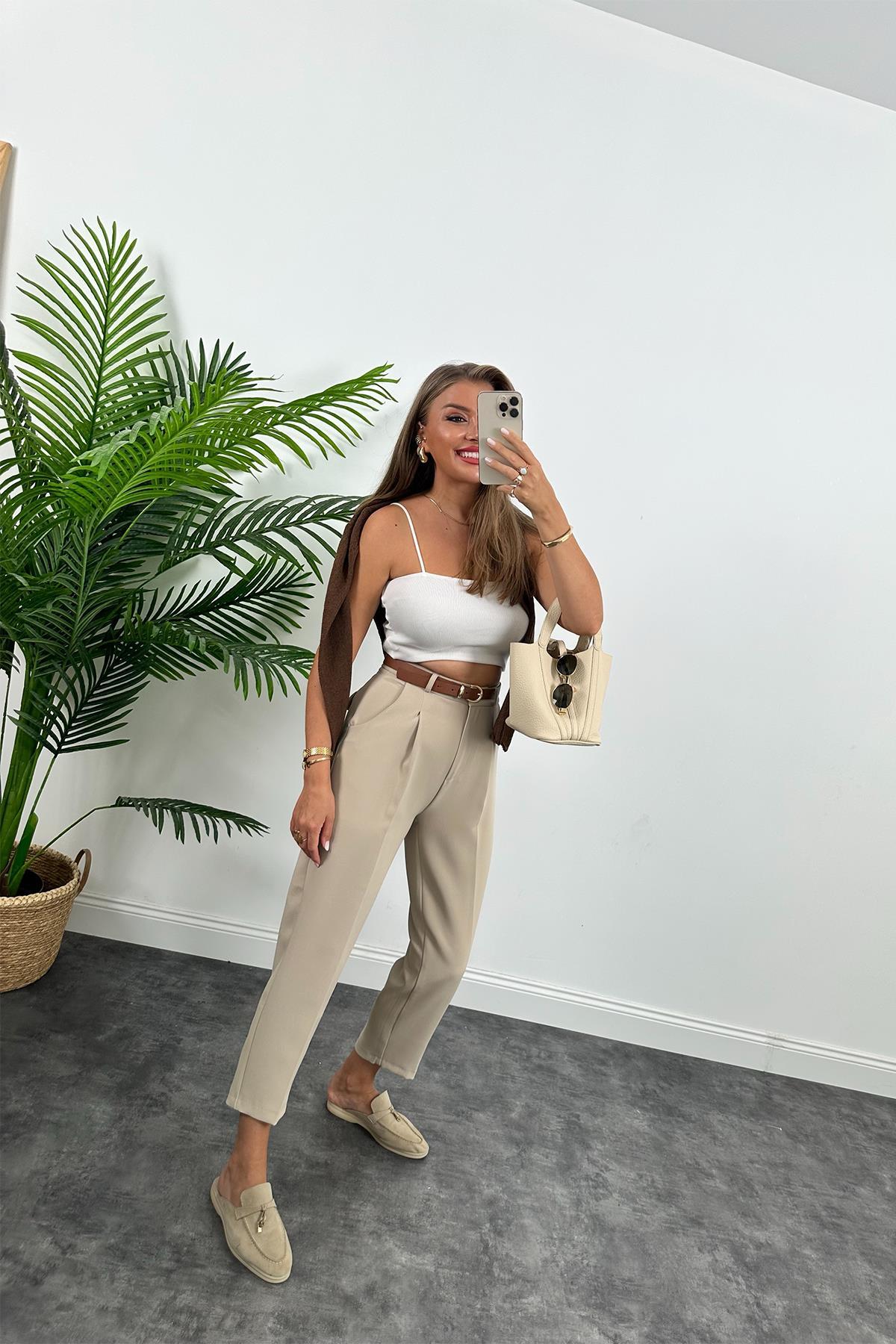 Premium Kalite Tok Kumaş Kemerli Havuç Pantolon Taş 