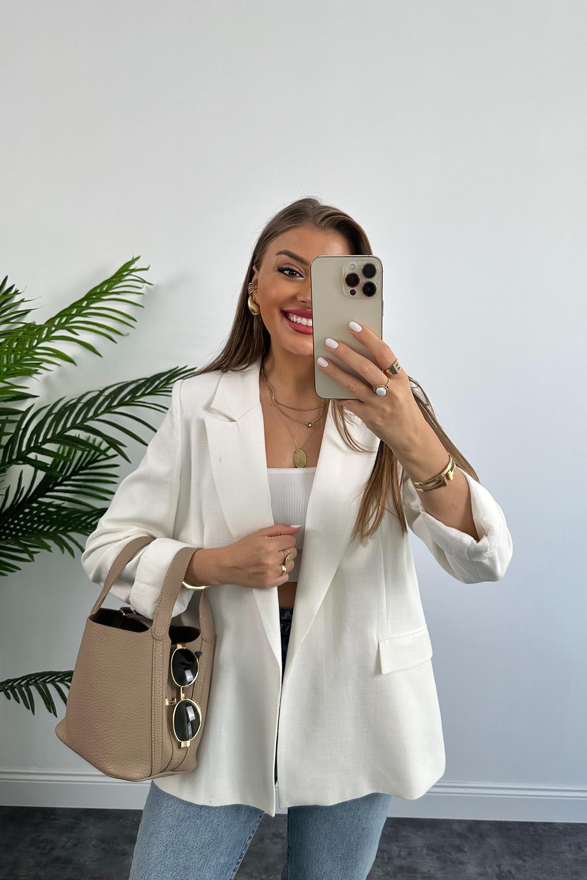 Premium Seri %100 Pamuk Keten Yazlık Blazer Beyaz