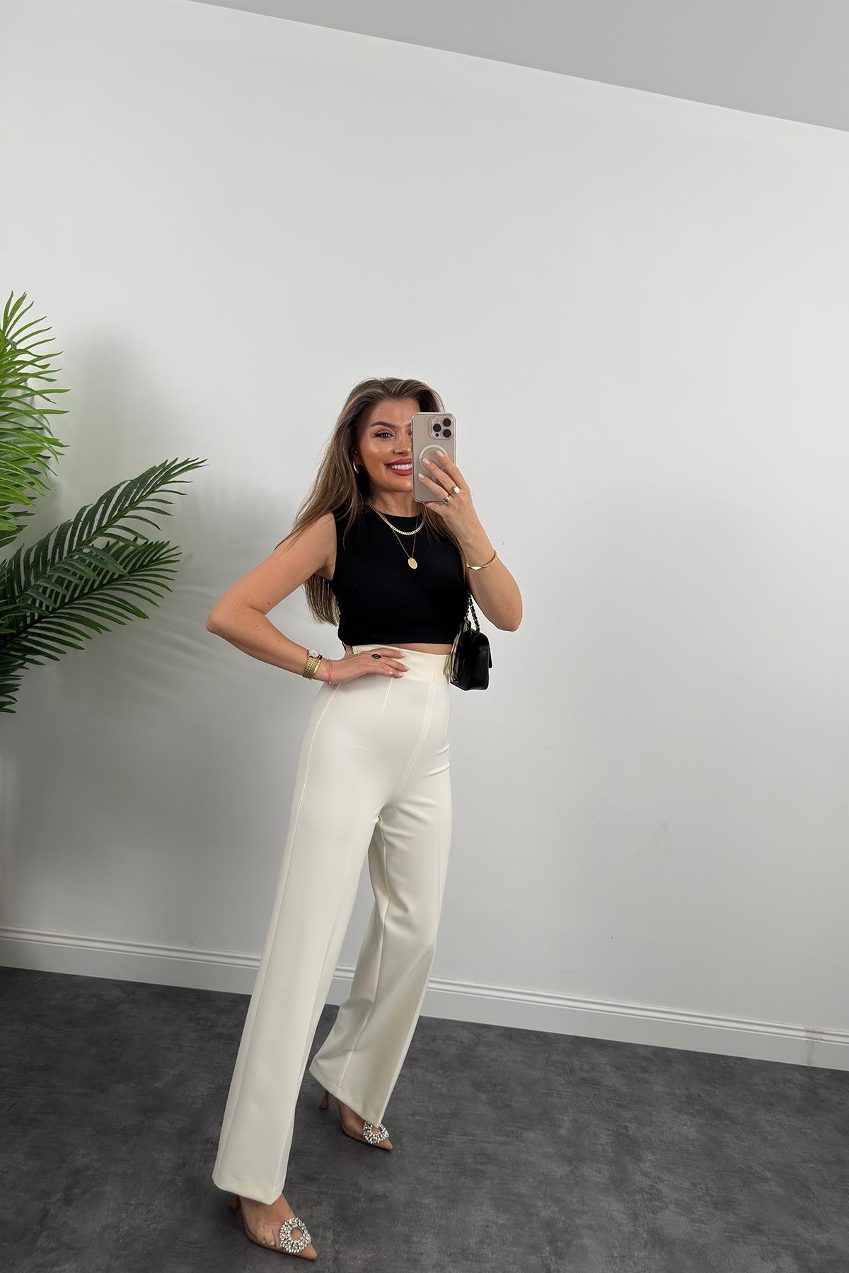 Premium Seri Gold Fermuarlı Kalın Kumaş Korsaj Palazzo Ekru