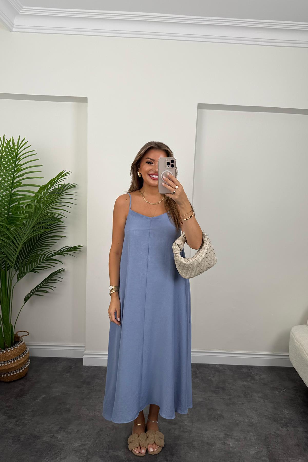 Premium Seri Basic Salaş Tensel Elbise Pastel Mavi