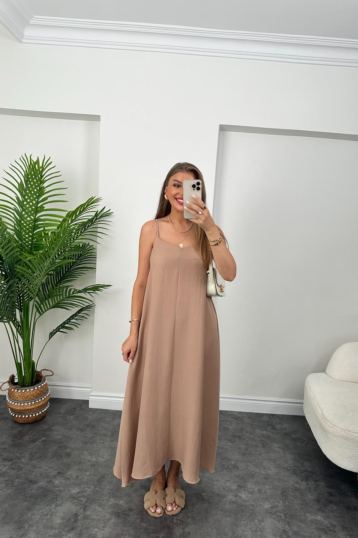 Premium Seri Basic Salaş Tensel Elbise Camel