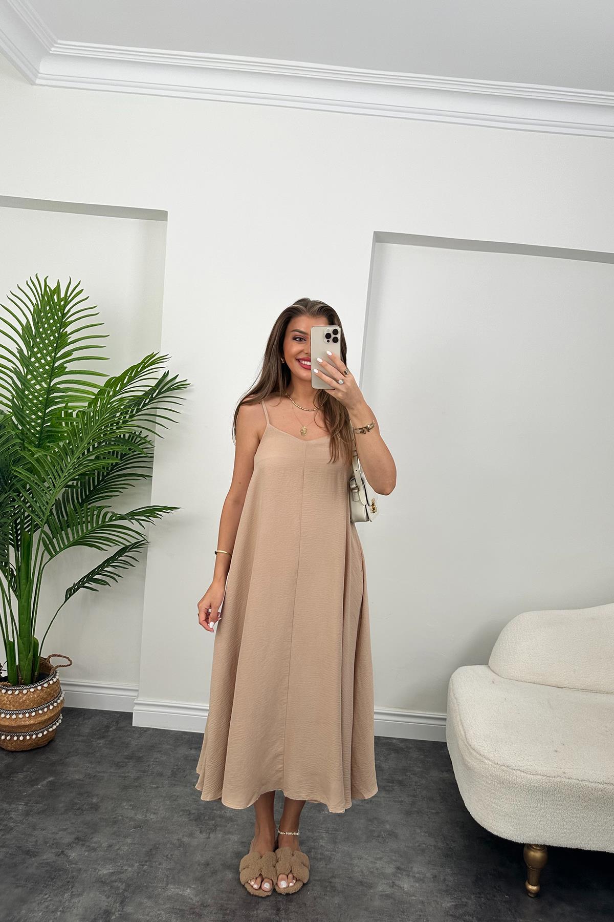 Premium Seri Basic Salaş Tensel Elbise Bej