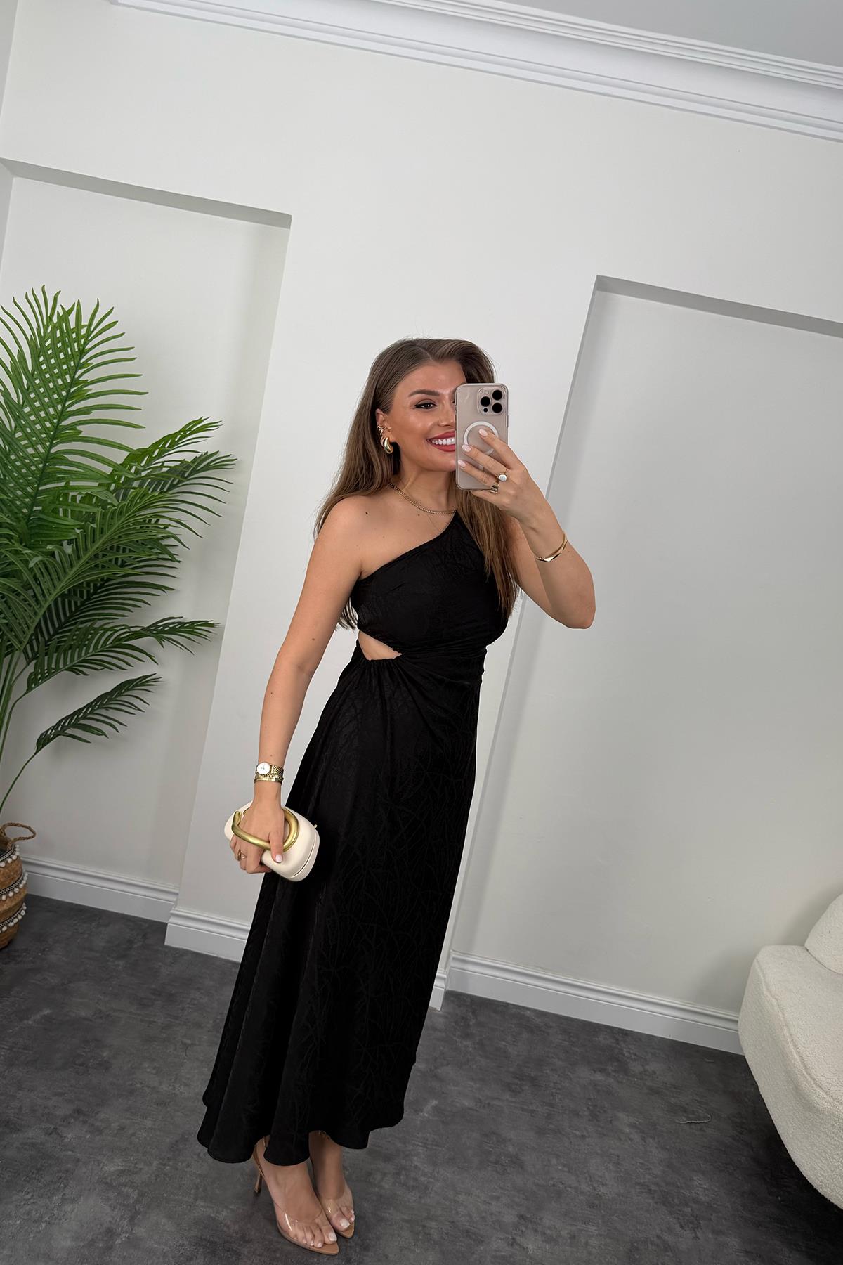 Premium Seri Bel Dekolteli Tek Omuz Maxi Elbise Siyah 