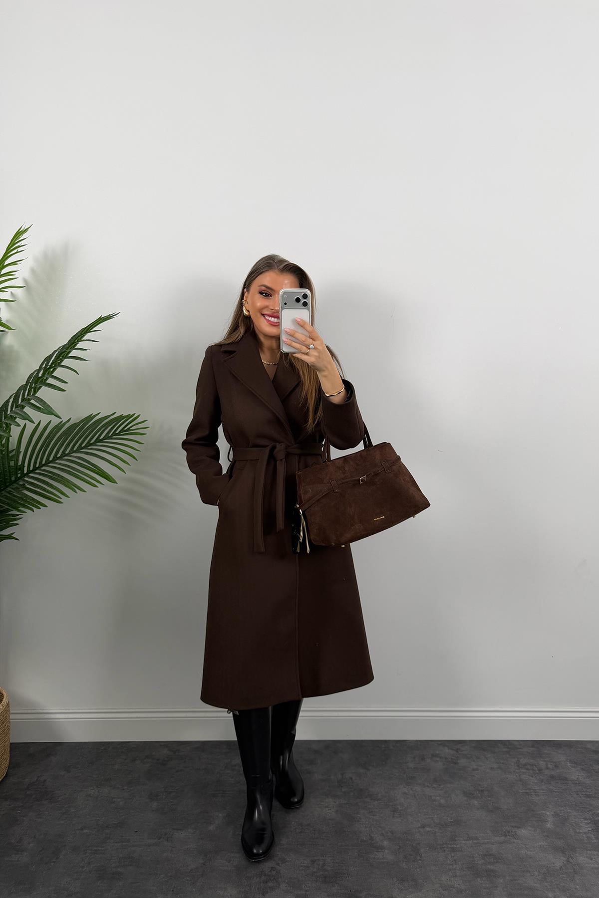 Premium Seri Beli Kuşaklı Basic Maxi Kaşe Kaban Acı Kahve