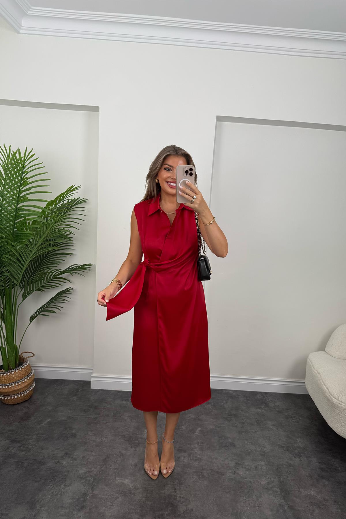 Premium Seri Beli Kuşaklı Yaka Midi Elbise Kırmızı