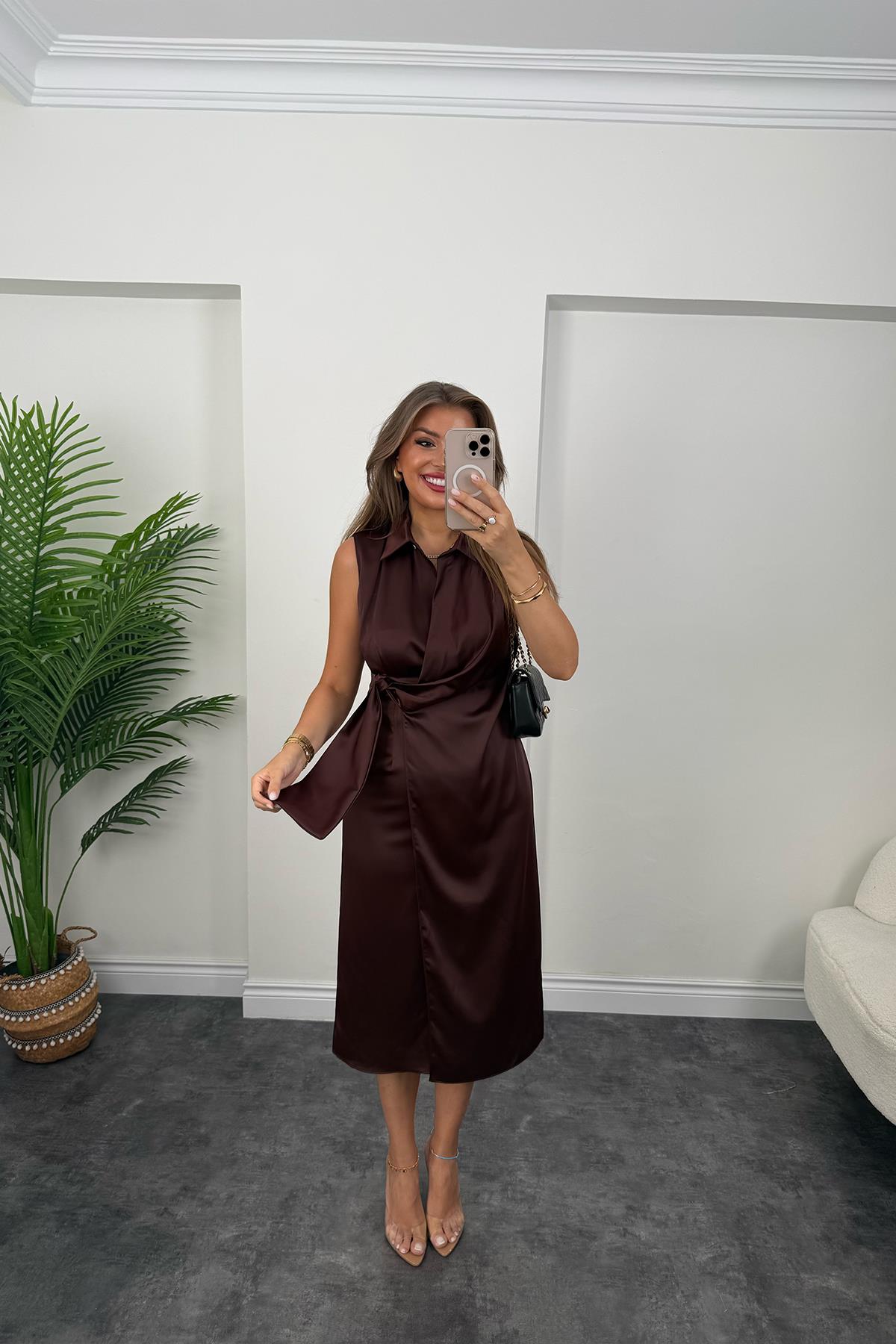 Premium Seri Beli Kuşaklı Yaka Midi Elbise Acı Kahve