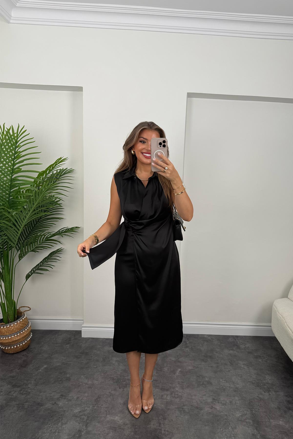 Premium Seri Beli Kuşaklı Yaka Midi Elbise Siyah