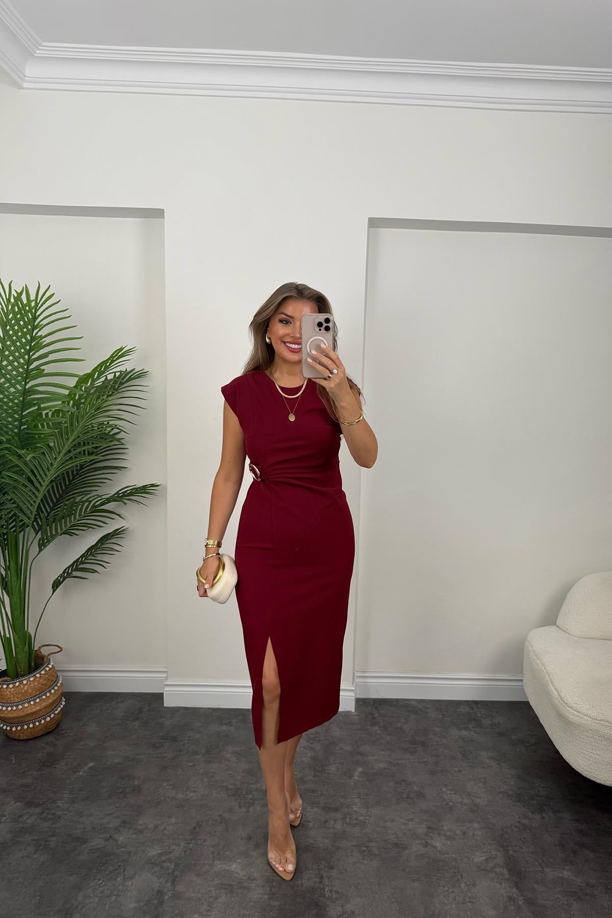 Premium Seri Beli Tokalı Midi Boy Yırtmaçlı Kalem Elbise Bordo