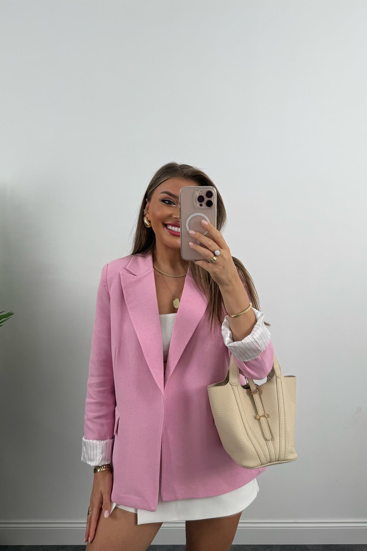 Premium Seri Çizgili Astar Organik Kumaş Keten Blazer Ceket Pembe