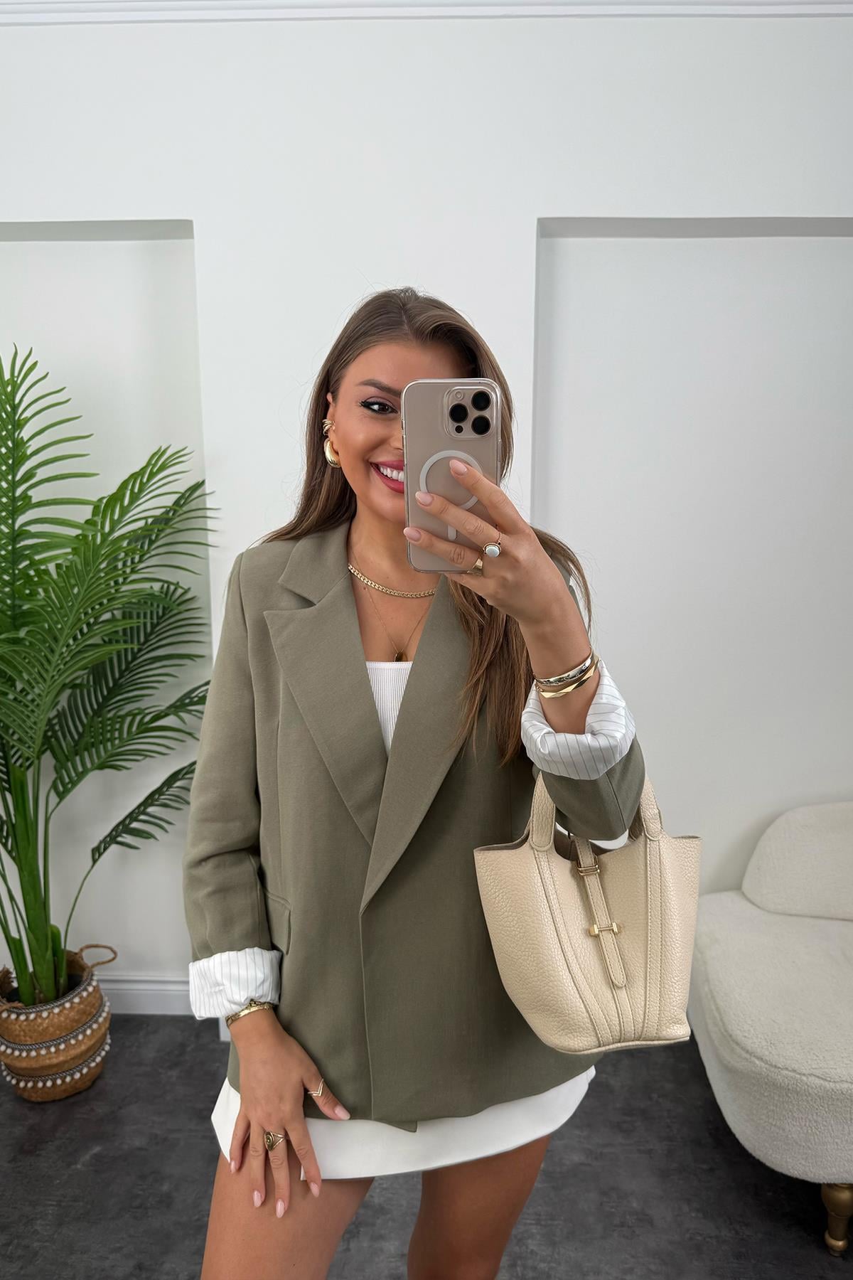 Premium Seri Çizgili Astar Organik Kumaş Keten Blazer Ceket Haki