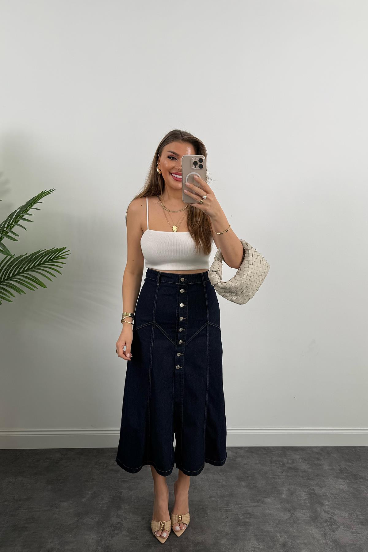 Premium Seri Dikiş Detaylı Midi Boy Jean Etek