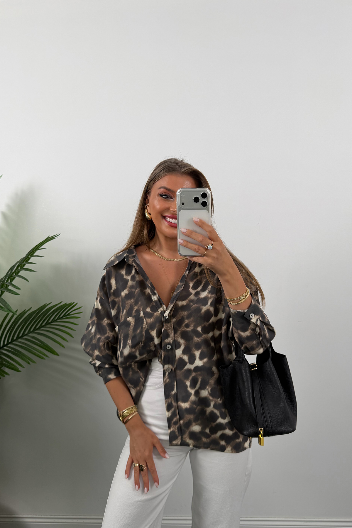 Premium Seri Dökümlü Kumaş Tensel Leopar Gömlek