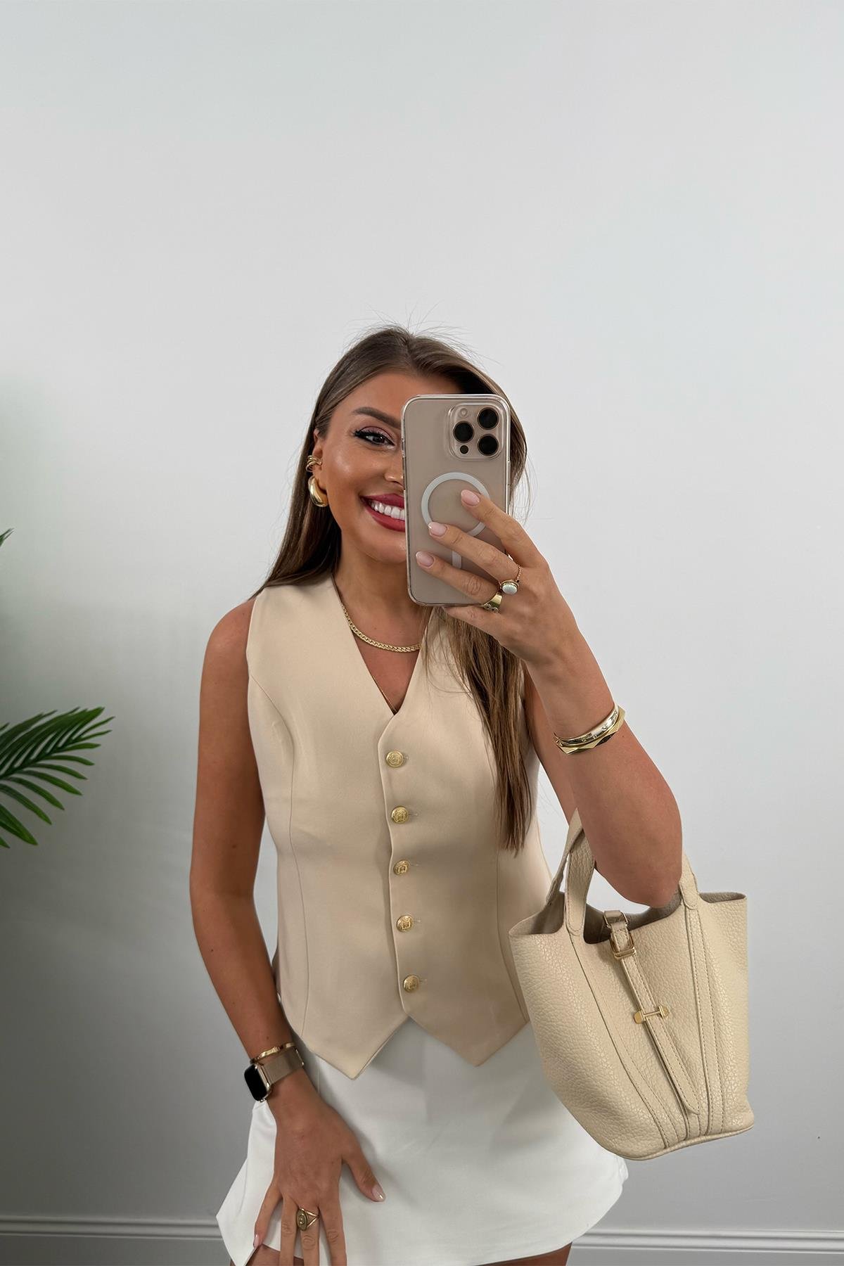 Premium Seri Double Atlas Kumaş Gold Düğmeli Astarlı Yelek Taş 