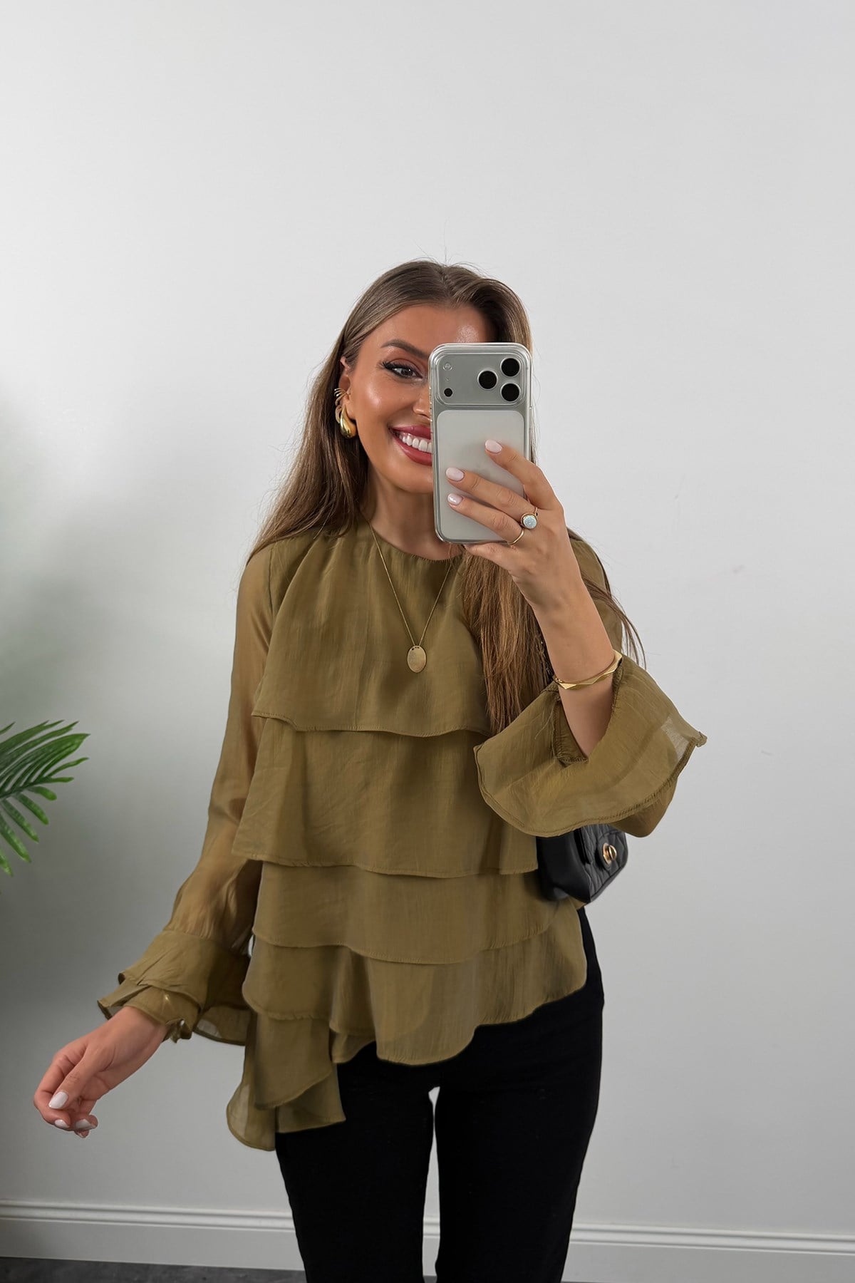 Premium Seri Fırfırlı Tensel Bluz Olive 