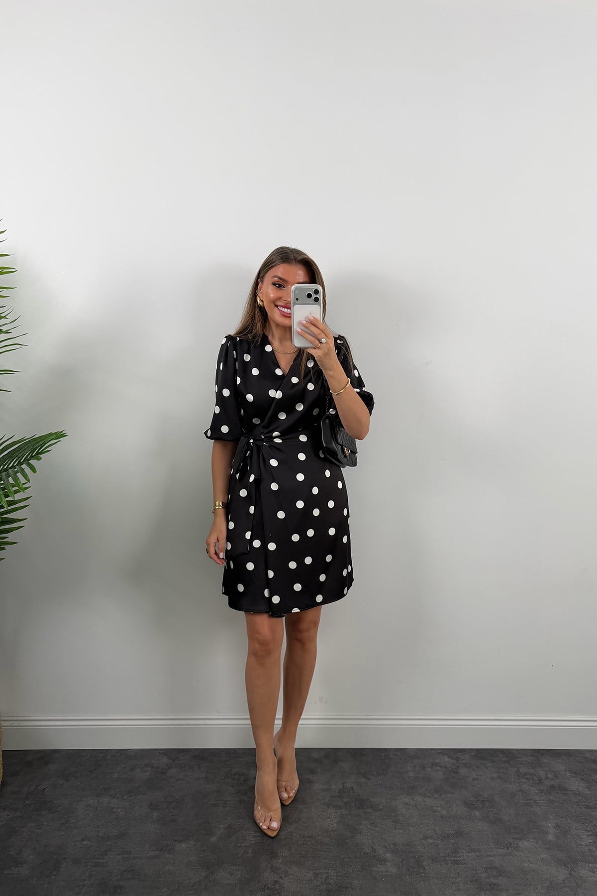 Premium Seri İpek Saten Anvelop Puantiye Elbise Siyah