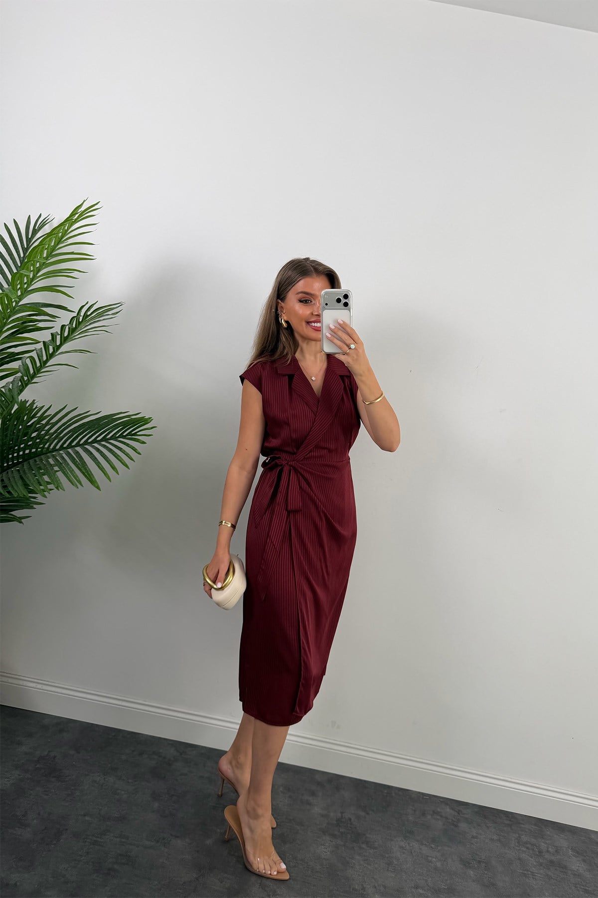 Premium Seri İpek Saten Midi Boy Anvelop Elbise Bordo