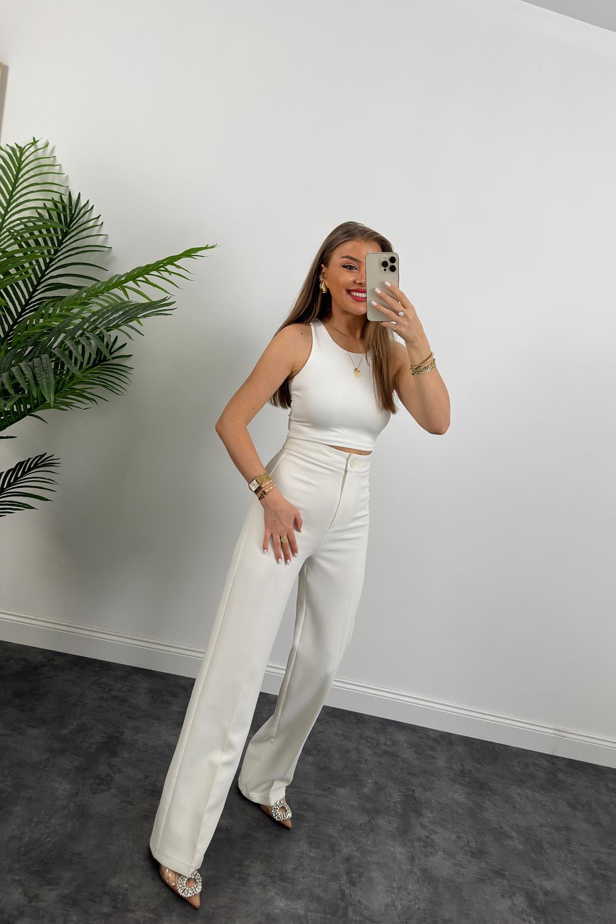 Premium Seri Kalın Kumaş Double Atlas Palazzo Kırık Beyaz 