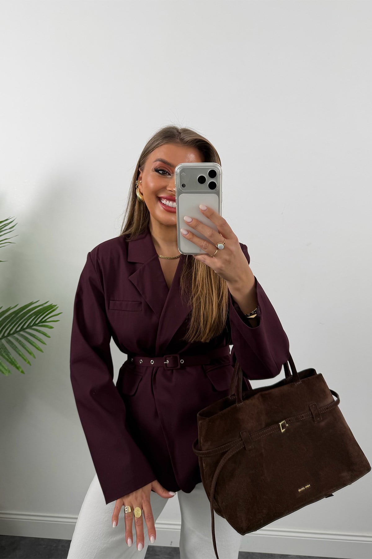 Premium Seri Kemerli Özel Dokulu Poliviskon Blazer Mürdüm