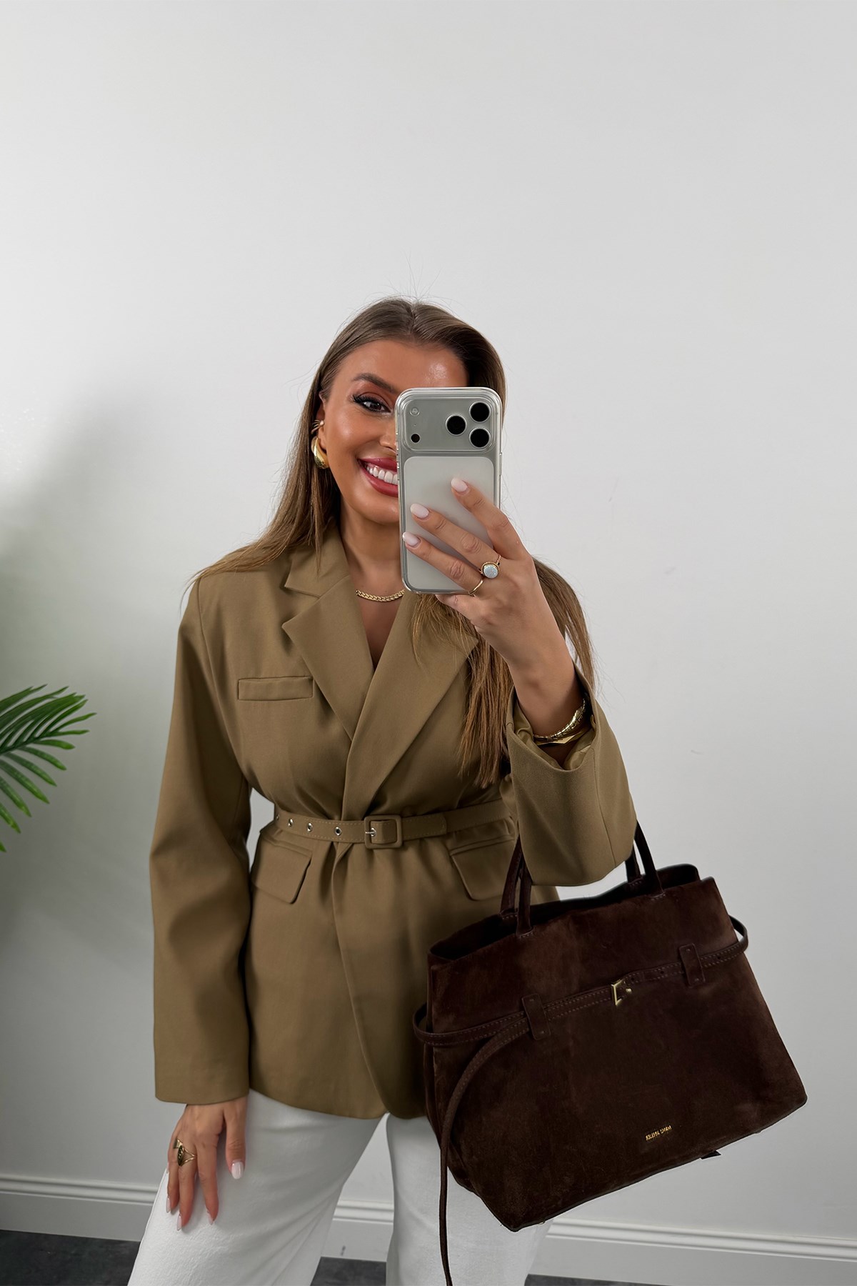Premium Seri Kemerli Özel Dokulu Poliviskon Blazer Karamel