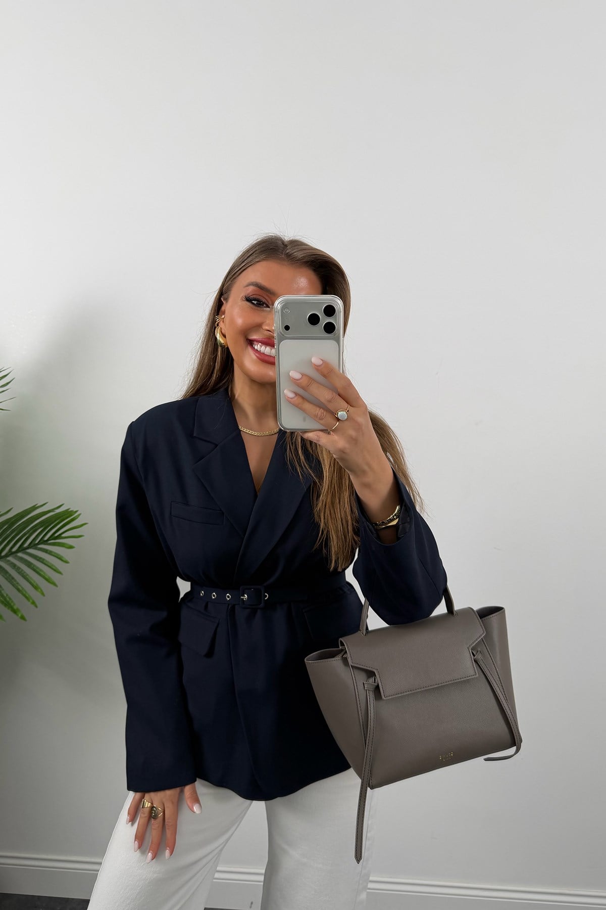 Premium Seri Kemerli Özel Dokulu Poliviskon Blazer Lacivert