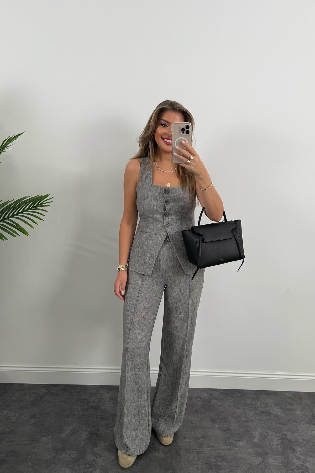 Premium Seri Kemik Düğmeli Yelek Palazzo Keten Takım Gri