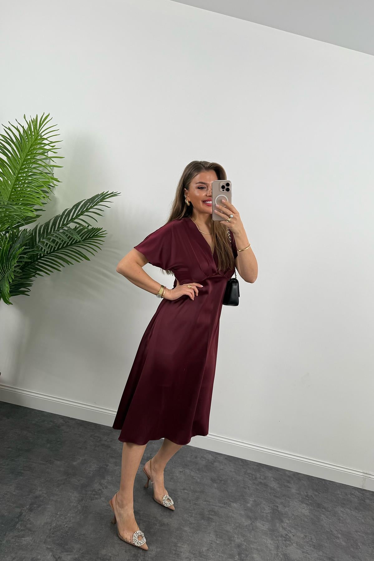 Premium Seri Kimono Kol Tok Saten Midi Boy Dökümlü Elbise Bordo