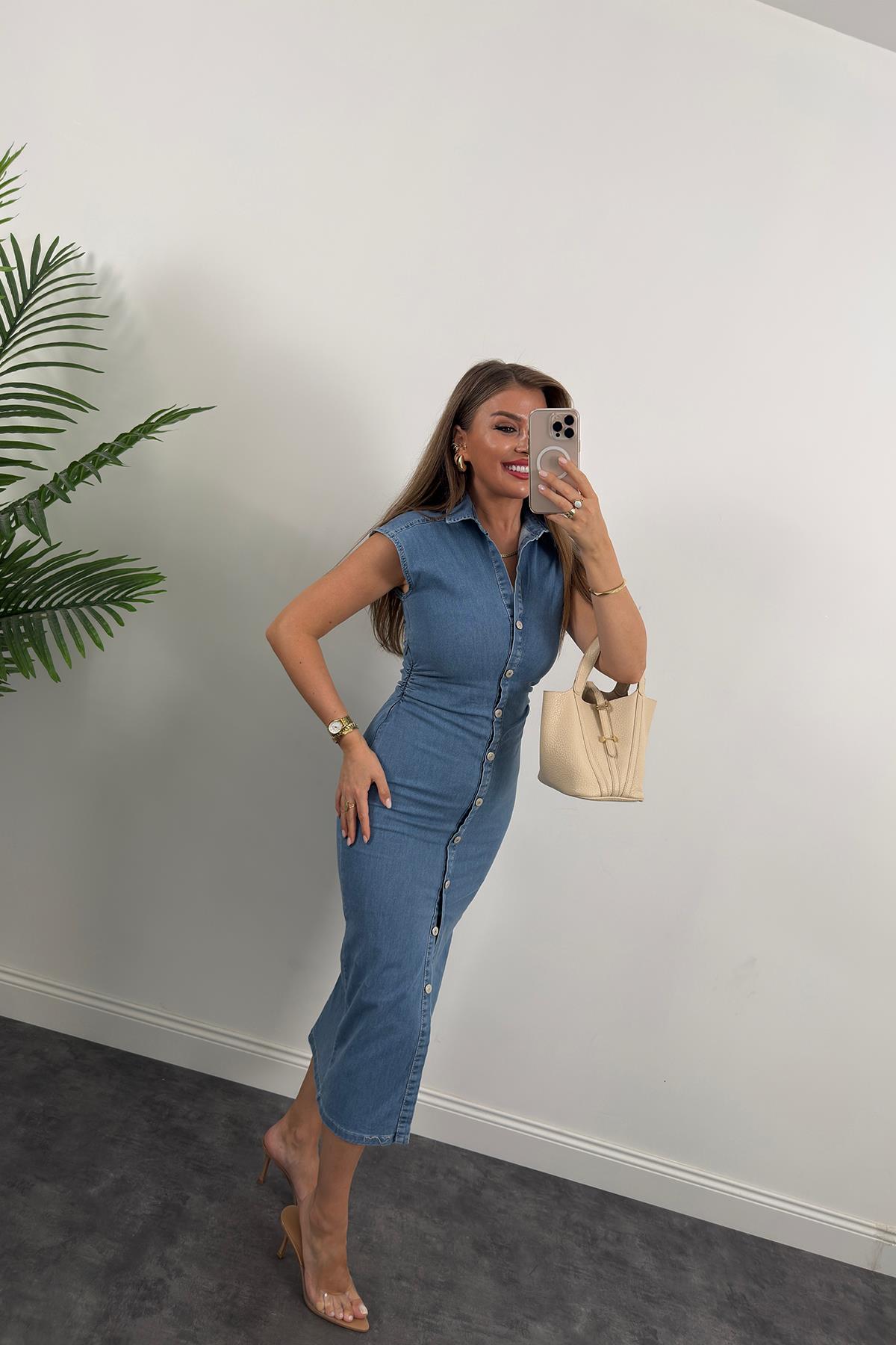 Premium Seri Likralı Drapeli Midi Boy Jean Elbise Açık Mavi