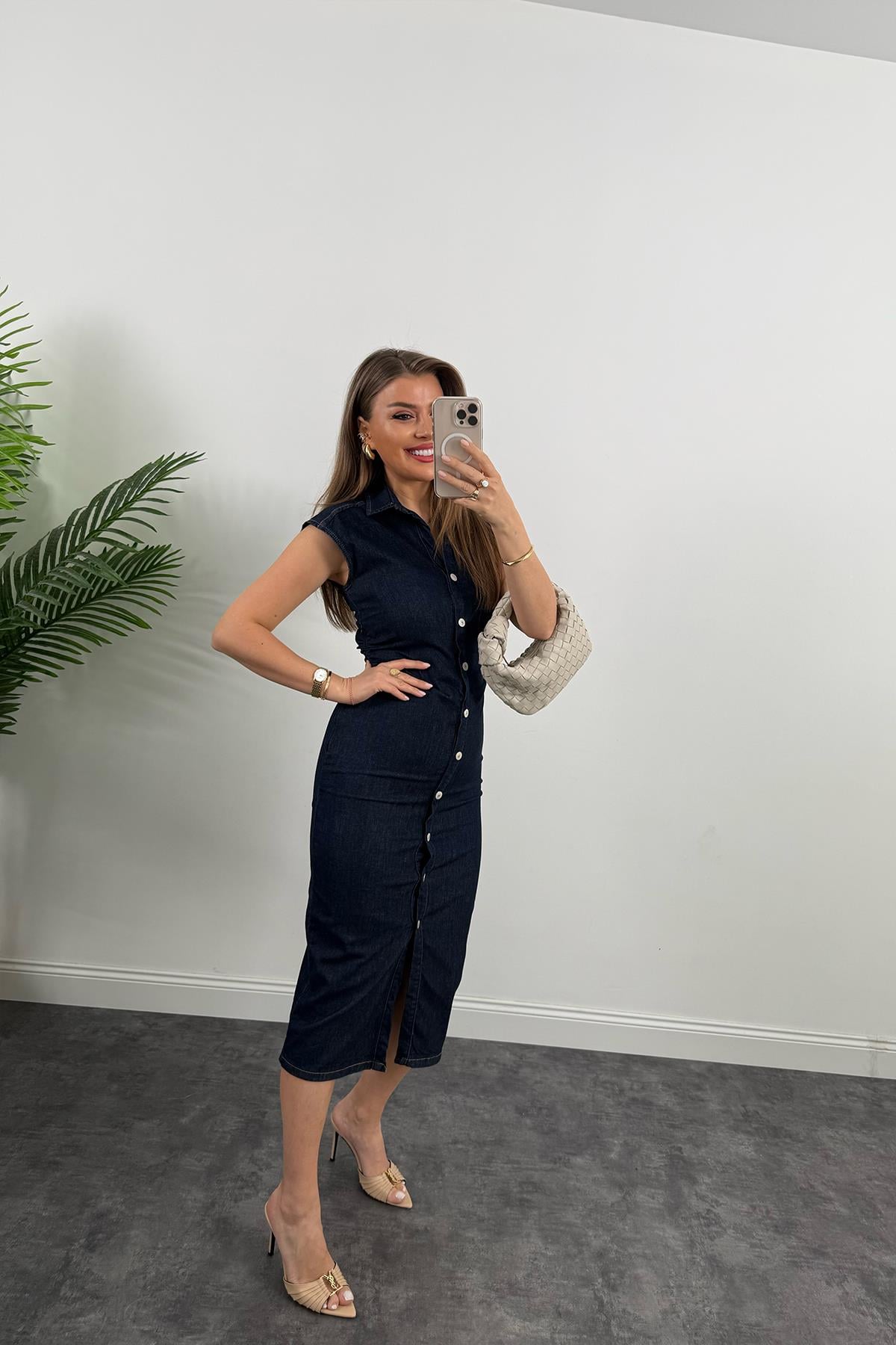 Premium Seri Likralı Drapeli Midi Boy Jean Elbise Lacivert