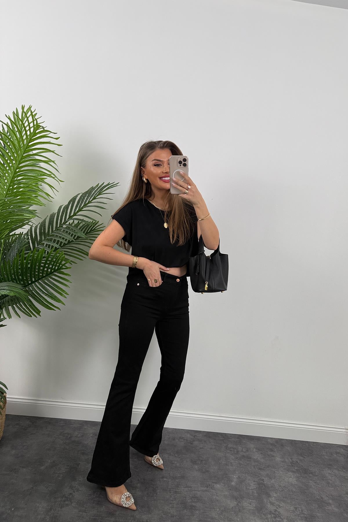 Premium Seri Likralı İspanyol Paça Jean Siyah