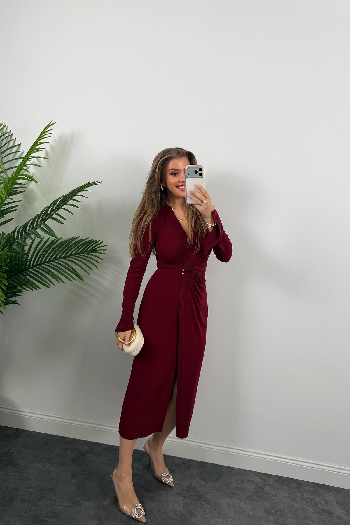 Premium Seri Likralı Kruvaze Midi Boy Elbise Bordo